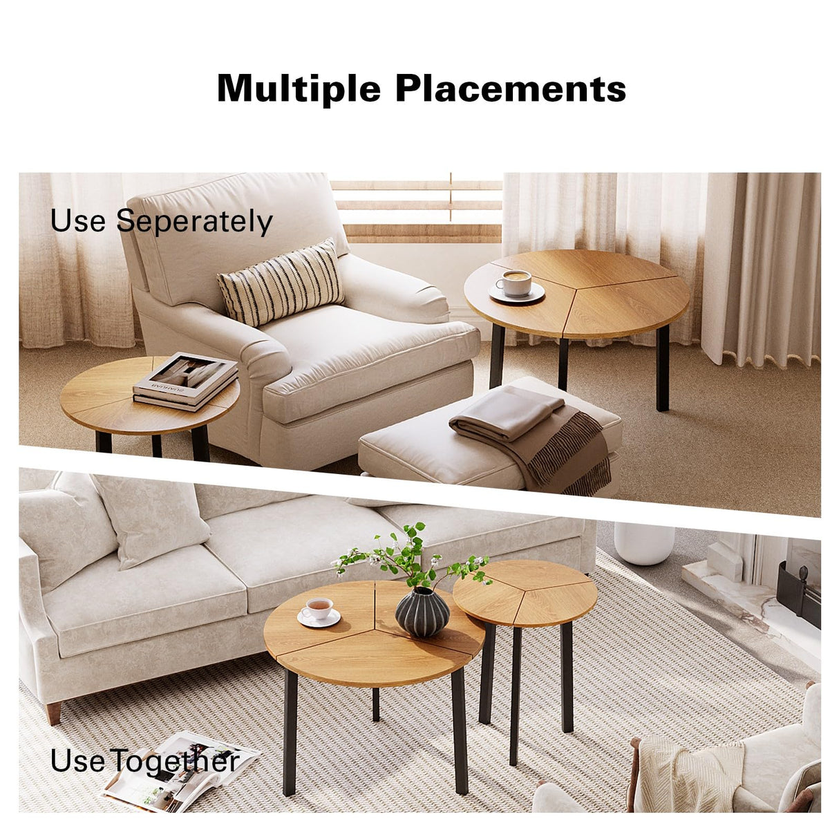 HOMPUS Modern Round Coffee Table, 23.6'' Small Nesting Coffee Table Set of 2, Accent Wood Coffee Tables, Nested Table for Living Room, Bedroom (Original Wood) HOMPUS