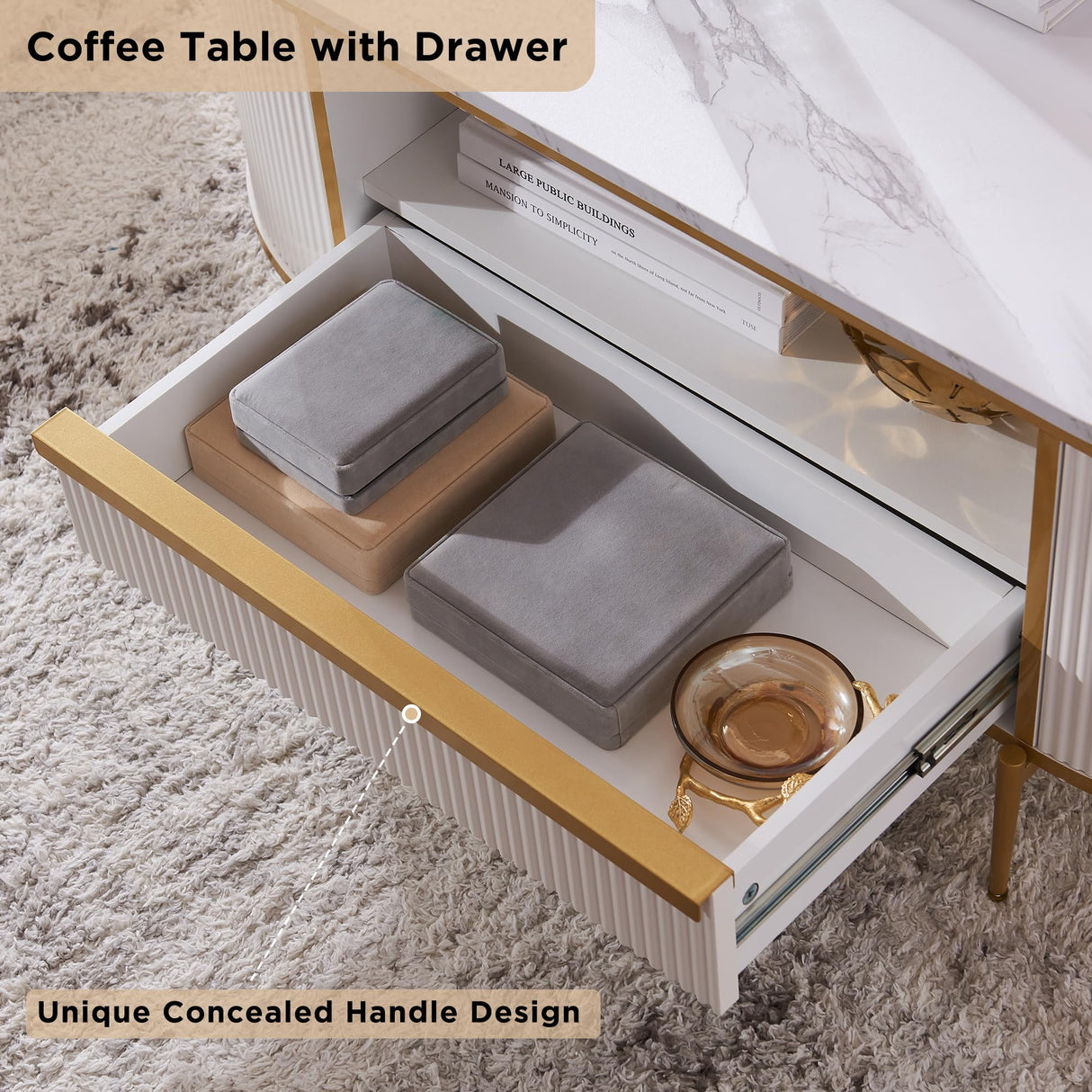 OKD Modern Luxury Fluted Coffee Table, 48" Oval Coffee Table with Drawer, Faux Marble Top, Curved Profile Design, Gold Metal Decor, Center Table for Living Room, Off White OKD