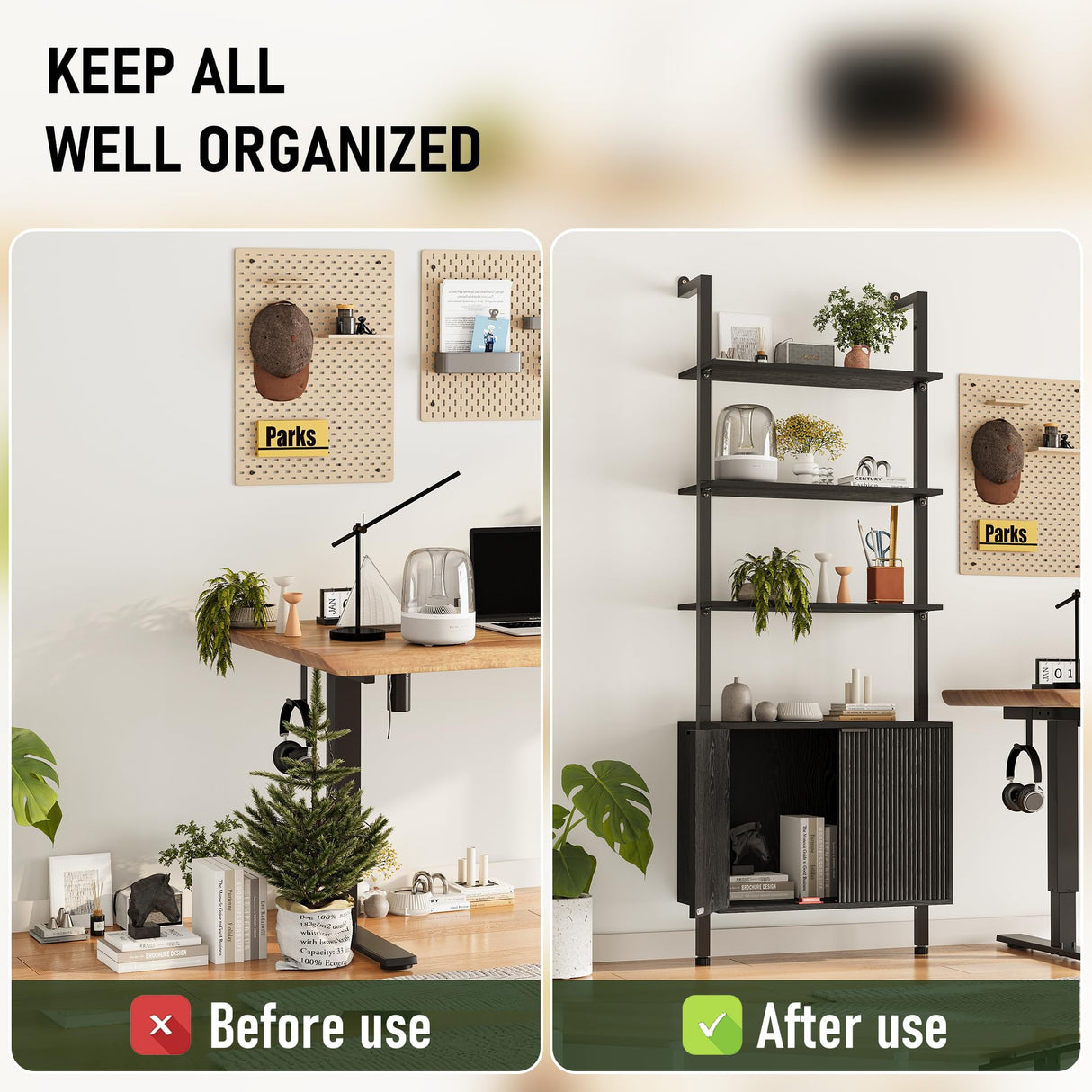 INNOD 74" Tall Bookshelf with Storage Cabinet, Modern Ladder Shelf with Wood and Metal Frame, Wall Mount Bookcase Open Display Shelf Furniture for Living Room, Bedroom, Home Office,Black INNOD
