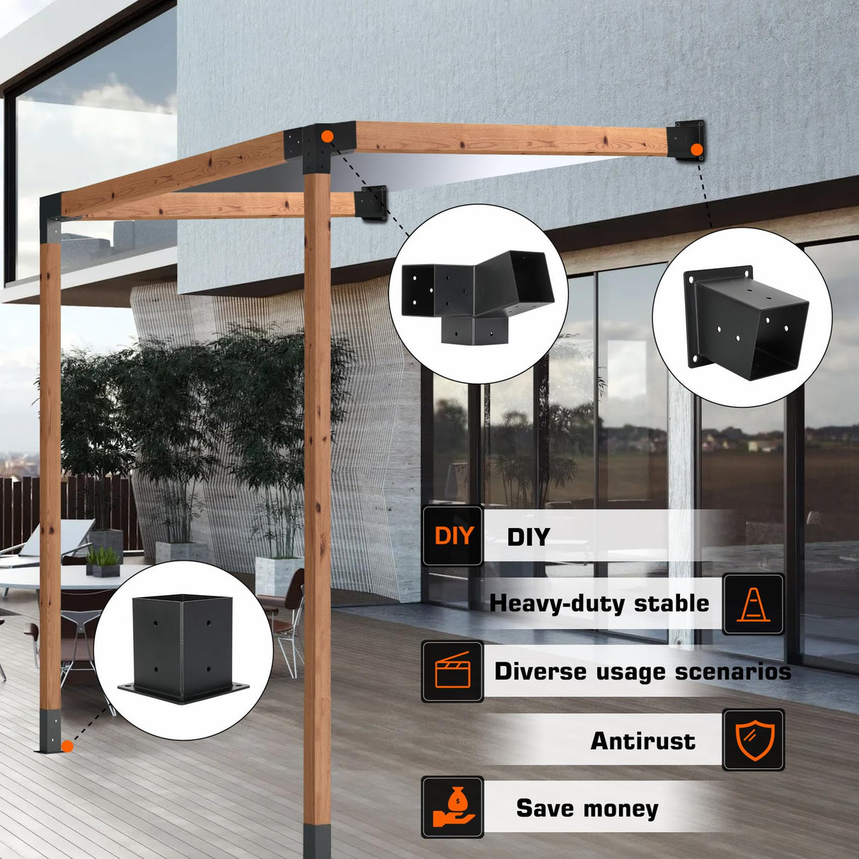 15°Slanted Roof Pergola Kit,3-Way Gazebo Brackets Kit, Pergola Kit, Wall Mount Slanted Roof Pergola Bracket Set with Brackets for 4x4 Lumber ,Outdoor and Backyard Slanted Pergola Extension kit Fuceter