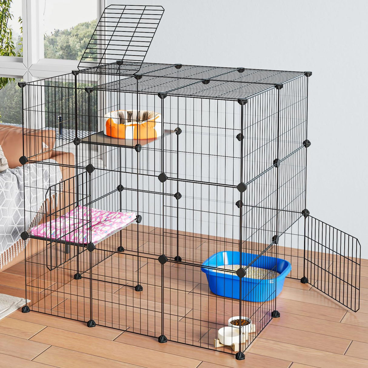 Oneluck 3-Tier Cat Cages Indoor Enclosure DIY Cat Playpen Catio Detachable Metal Wire Kennels Cats Crate Large Extra Exercise Place Ideal for 1 Cat,35.4 Inches Oneluck