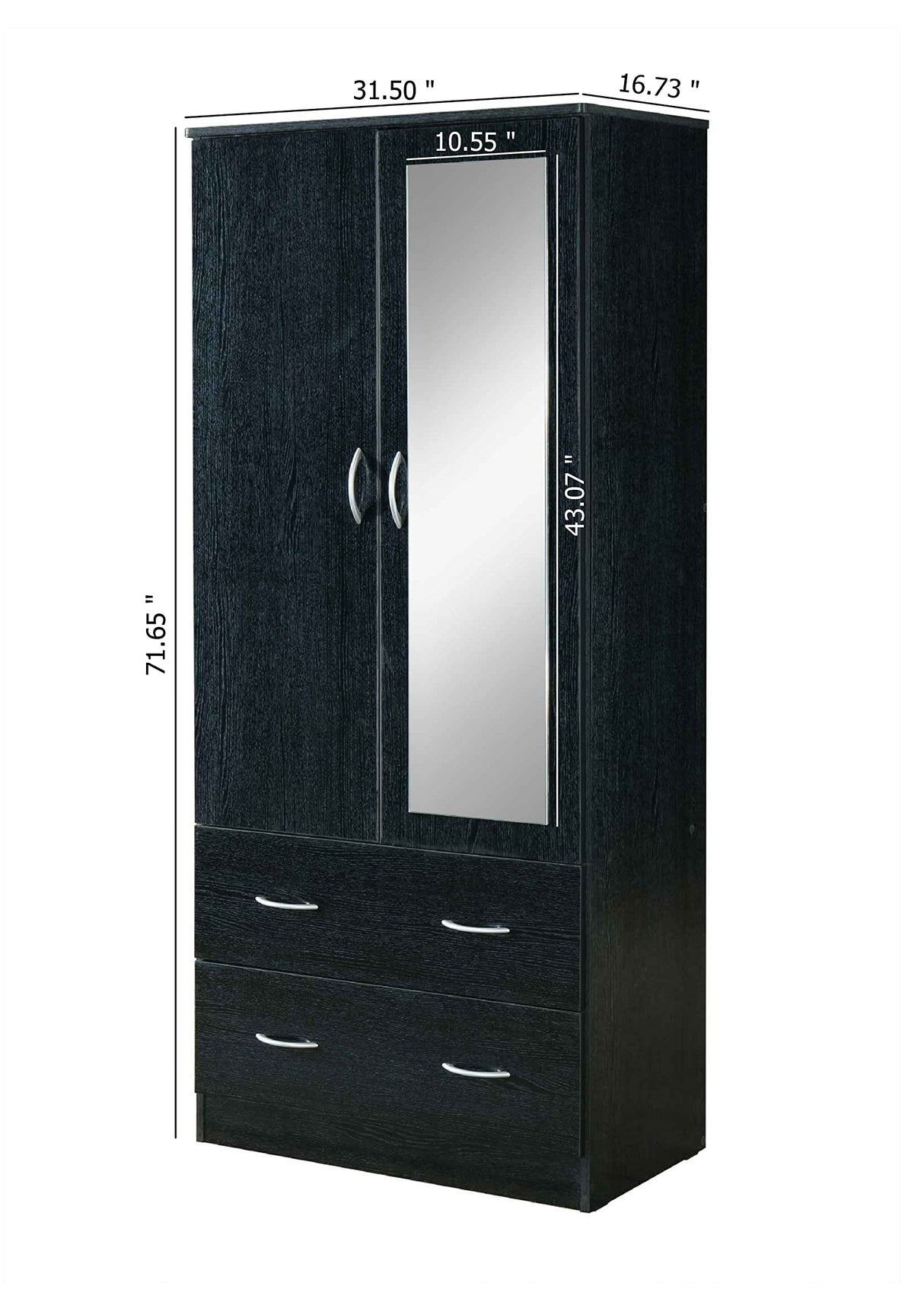 HODEDAH 2 Door Wood Wardrobe Bedroom Closet with Clothing Rod inside Cabinet, 2 Drawers for Storage and Mirror, Black Hodedah