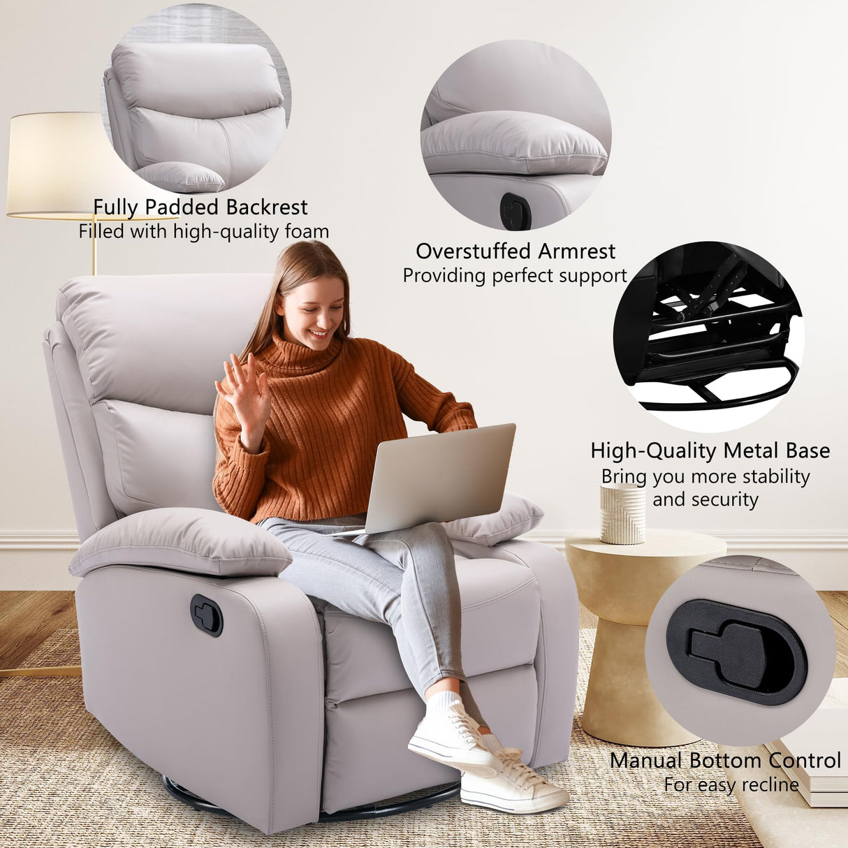 GNMLP2020 Swivel Rocker Recliner Chair for Adults, Rocking Small Recliner Chairs for Small Spaces, Glider Chairs Recliner Lazyboy Single Sofa for Nursery, Living Room, RV, Beige GNMLP2020