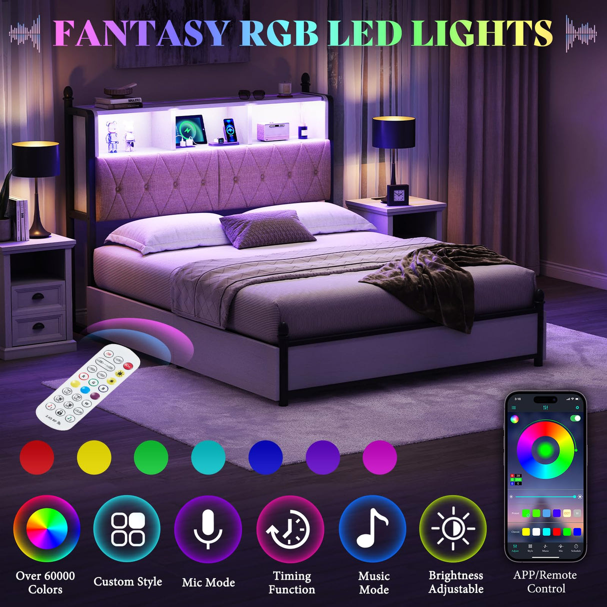 AMERLIFE Queen Bed Frame with Bookcase Headboard and 4 Storage Drawers, Wooden Platform Bed with Charging Station and LED Light, No Box Spring Needed/Noise-Free, White AMERLIFE