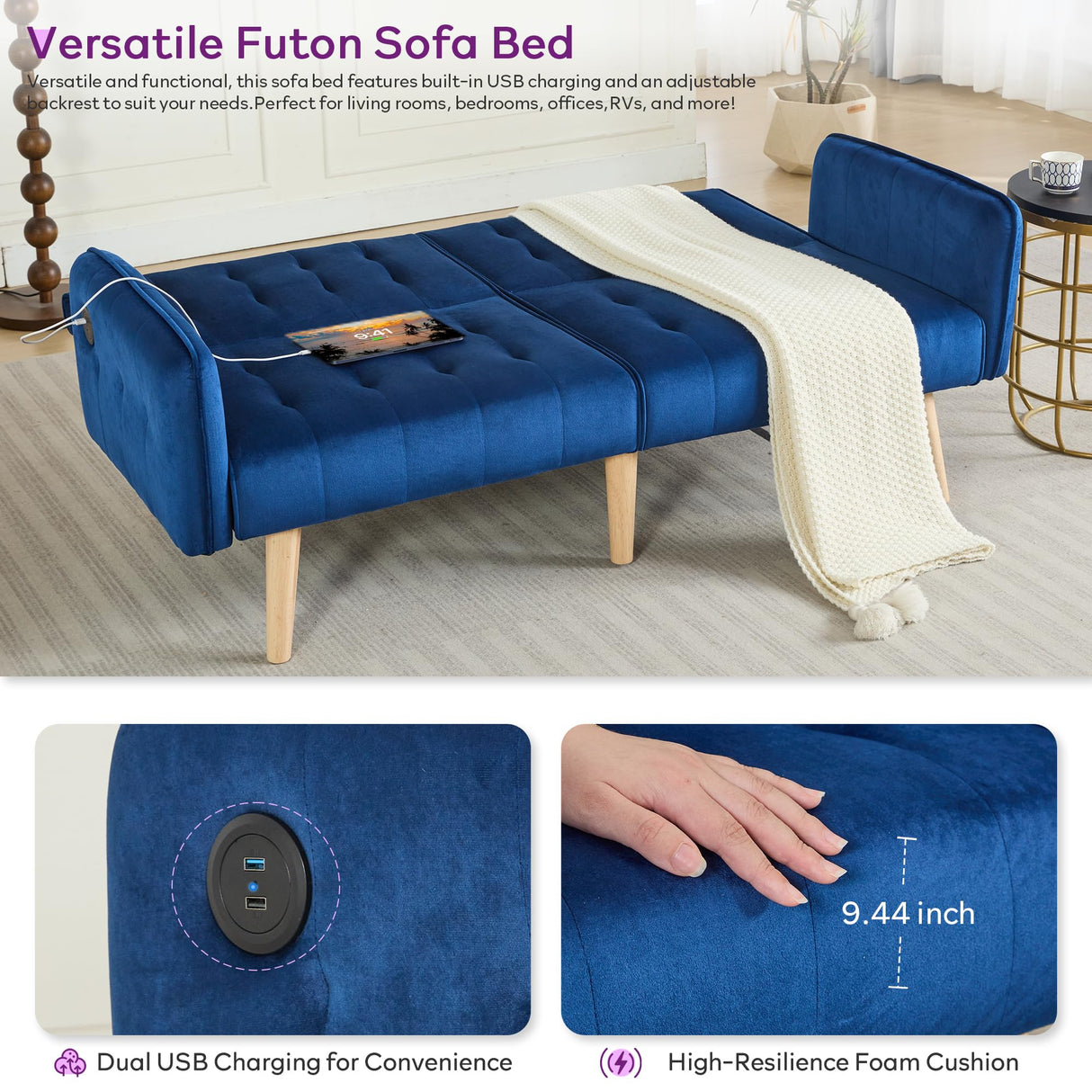 TYBOATLE 65" W Velvet Modern Convertible Folding Futon Couch Sofa Bed w/ 2 USB Charging Ports for Compact Living Space, Small Couches for Office, Dorm, RV Room, Apartment, Bedroom (Navy Blue) TYBOATLE