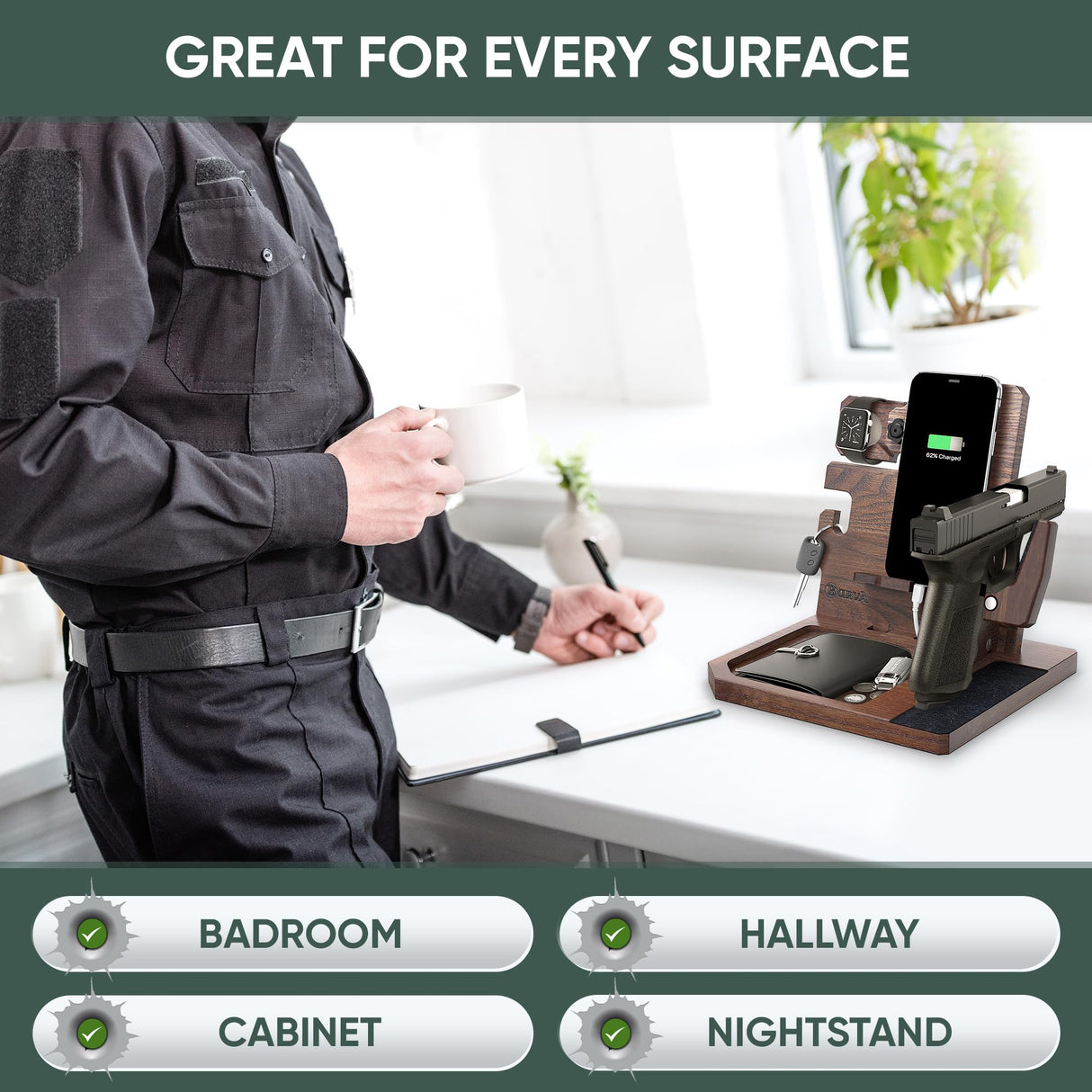 BarvA Phone Docking Station with Patented Adaptive Wood Gun Rack | Night Stand Smart Watch & Phone Stand | Charging Station Desk Organizer | Gun Accessories Storage and Organization BarvA