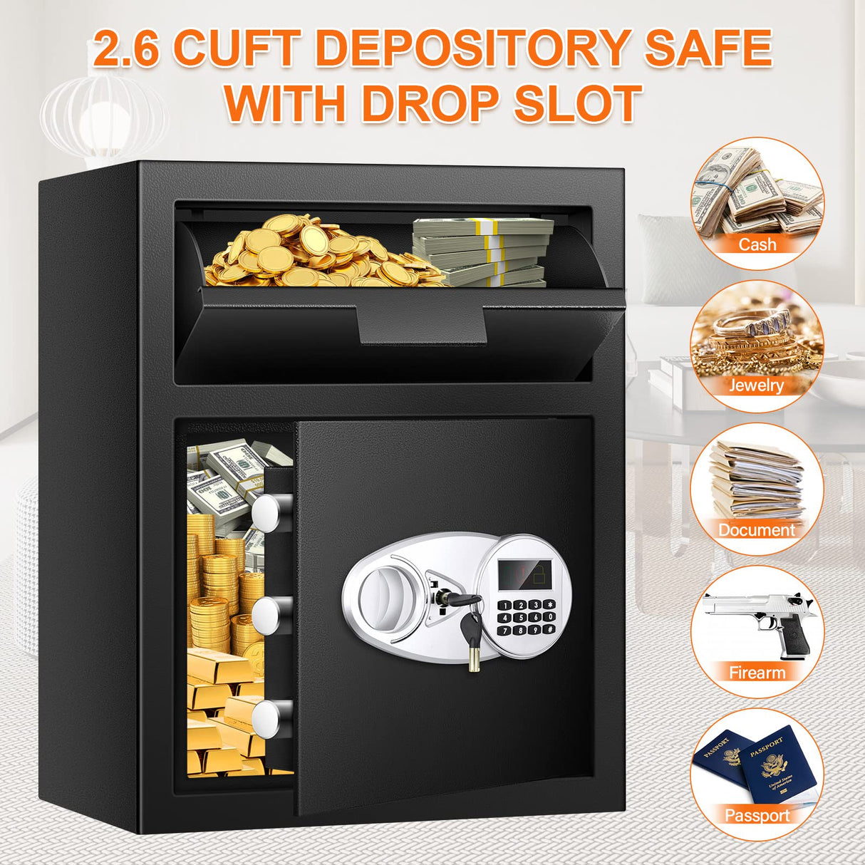 2.8 Cuft Depository Safe with Drop Slot, Anti-Theft Cash Drop Safe with Digital Keypad, Heavy Duty Money Drop Box with LED Display, Drop Safe for Business Mail Church Thmosz