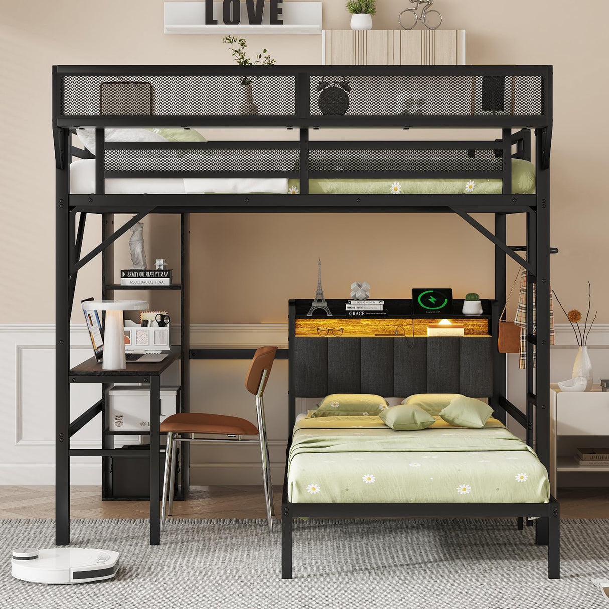 Mirightone Full Over Twin Bunk Bed with Desk & Charging Station, Full Size Loft Bed with Shelf Over Twin Bed w/LED Light & Upholstered Headboard, Detachable Metal Bunk Frame w/Storage Bookcase, Black Mirightone