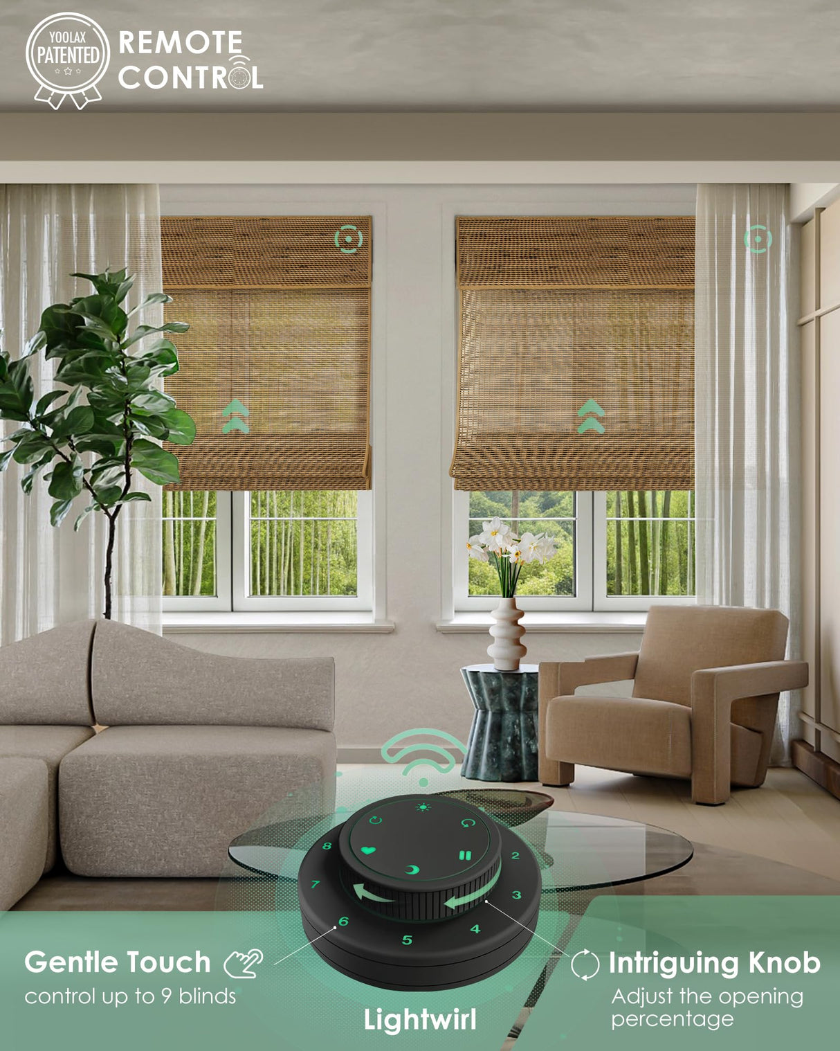 Yoolax Motorized Bamboo Roman Blinds with Remote, Roman Shades for Indoor Windows, Smart Blinds with Voice Control, Compatible with Alexa Google Home, APP Control, Custom Size, Bamboo Brown Yoolax