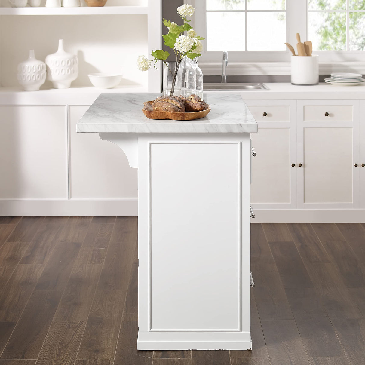 Crosley Furniture Cutler Faux Marble Top Kitchen Island with Storage, Breakfast Bar, Microwave Stand, White Crosley Furniture