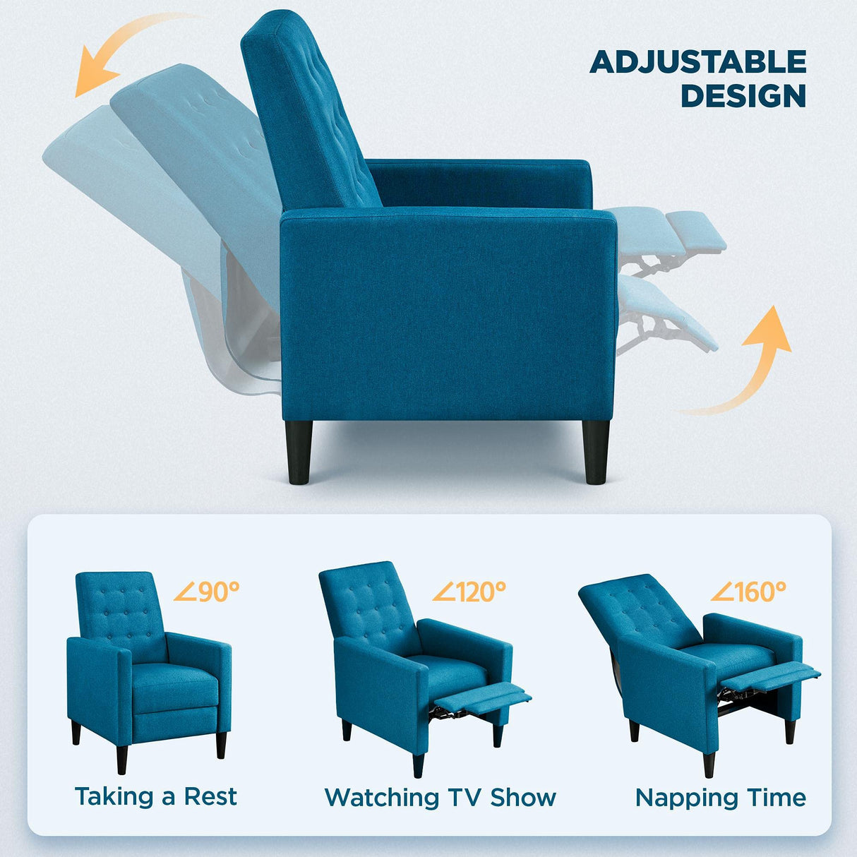 Topeakmart Mid-Century Modern Fabric Recliner Modern Tufted Reclining Single Sofa for Living Room Padded Cushion Home Theater Seat Blue Topeakmart
