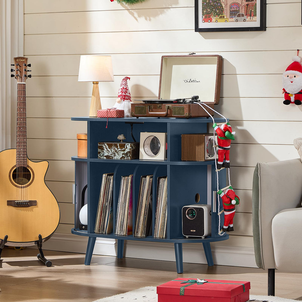 LELELINKY Large Round Record Player Stand with Charging Station & Fluted Display Shelf, Blue Mid Century Modern Turntable Cabinet with Vinyl Storage, Arched Wood Record Player Table for Living Room LELELINKY