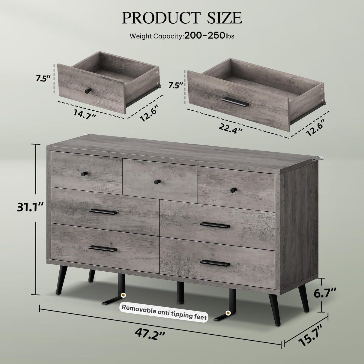 DWVO Grey 7 Drawer Dresser, 47" W Large Double Dresser Chest of Drawers, Modern Wood Storage Organizer with Black Metal Handles & Anti-Tipping Device for Hallway, Entryway DWVO