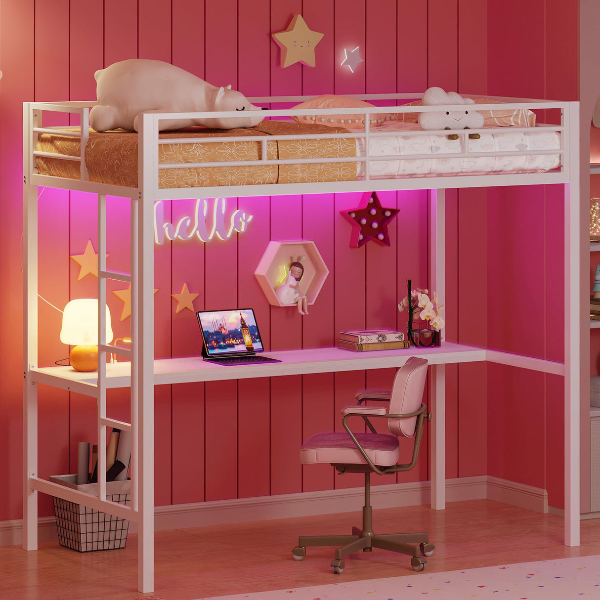 LIKIMIO Loft Bed Twin Size with Desk, Metal Loft Bed Frame with Power Outlet and LED Lighted, Space-Saving, Noise Free, White LIKIMIO