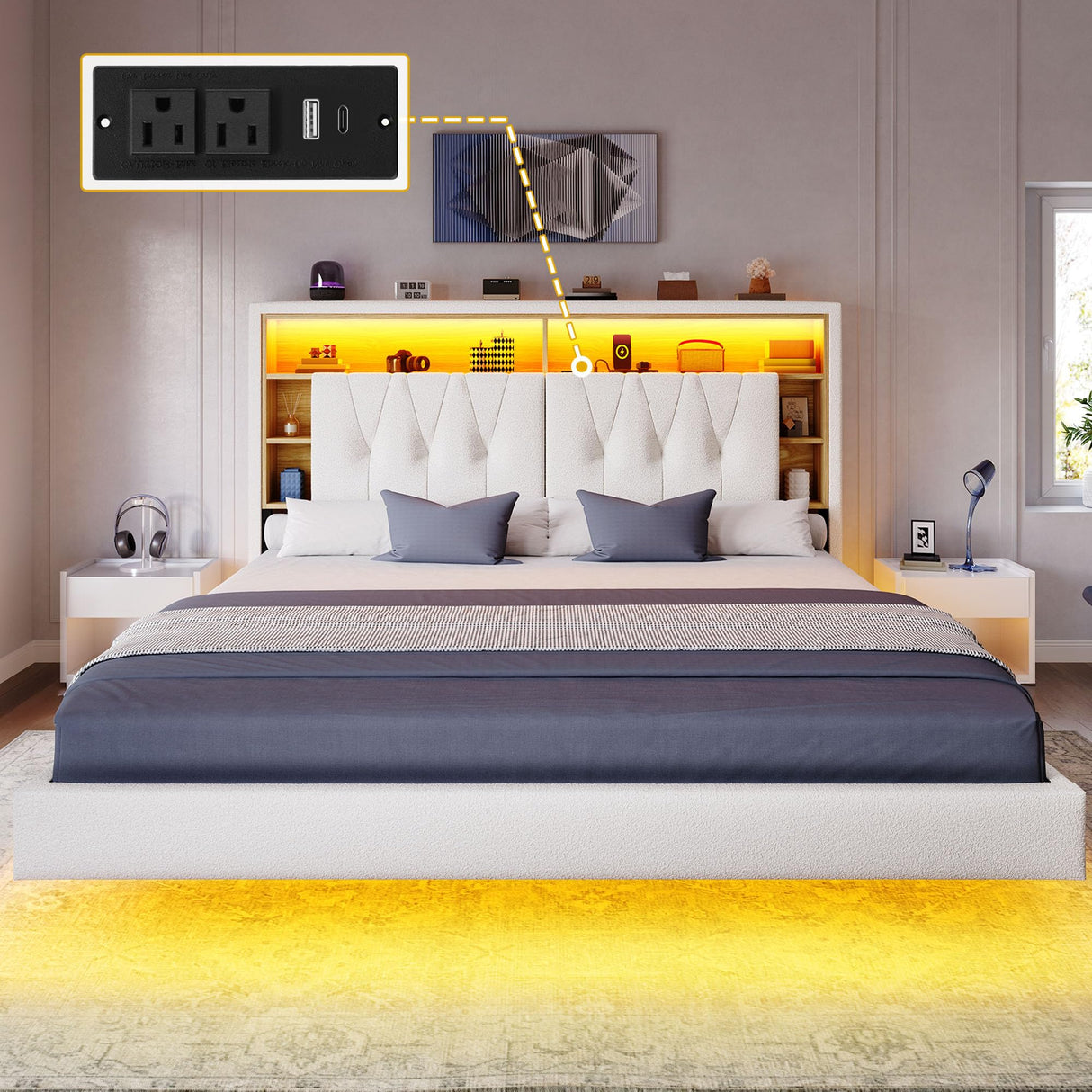 DWVO King Size Floating Bed Frame with RGB LED Lights, Bookcase Storage Headboard Beds with Charging Station, Upholstered Platform with Heavy Duty Wood Slat, No Box Spring Needed, Beige DWVO