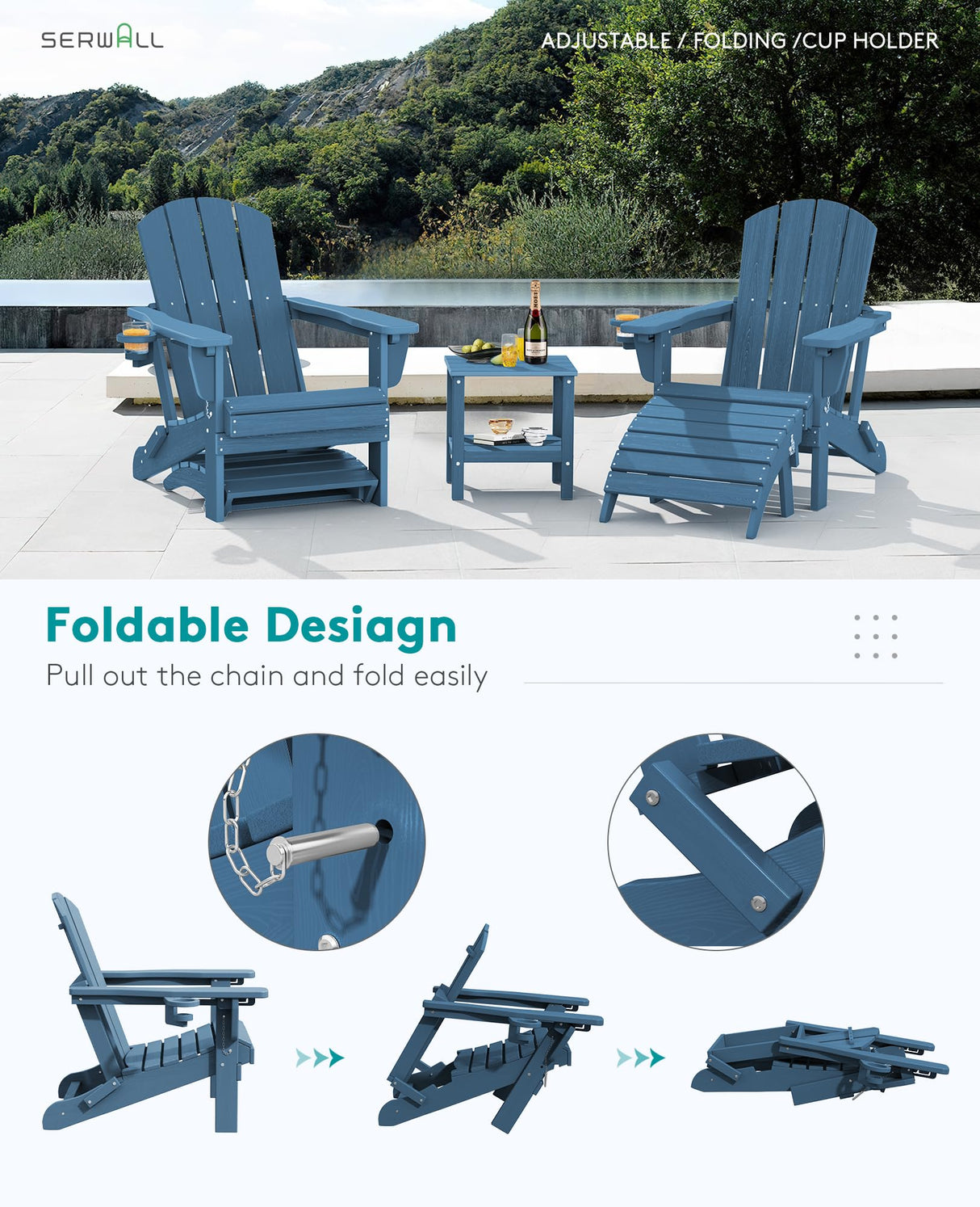 SERWALL 5-Piece Adirondack Chair and Ottoman and Table Set, HDPE Weather Resistant Adjustable Backrest Adirondack Chair with Ottoman and Side Table, Navy SERWALL