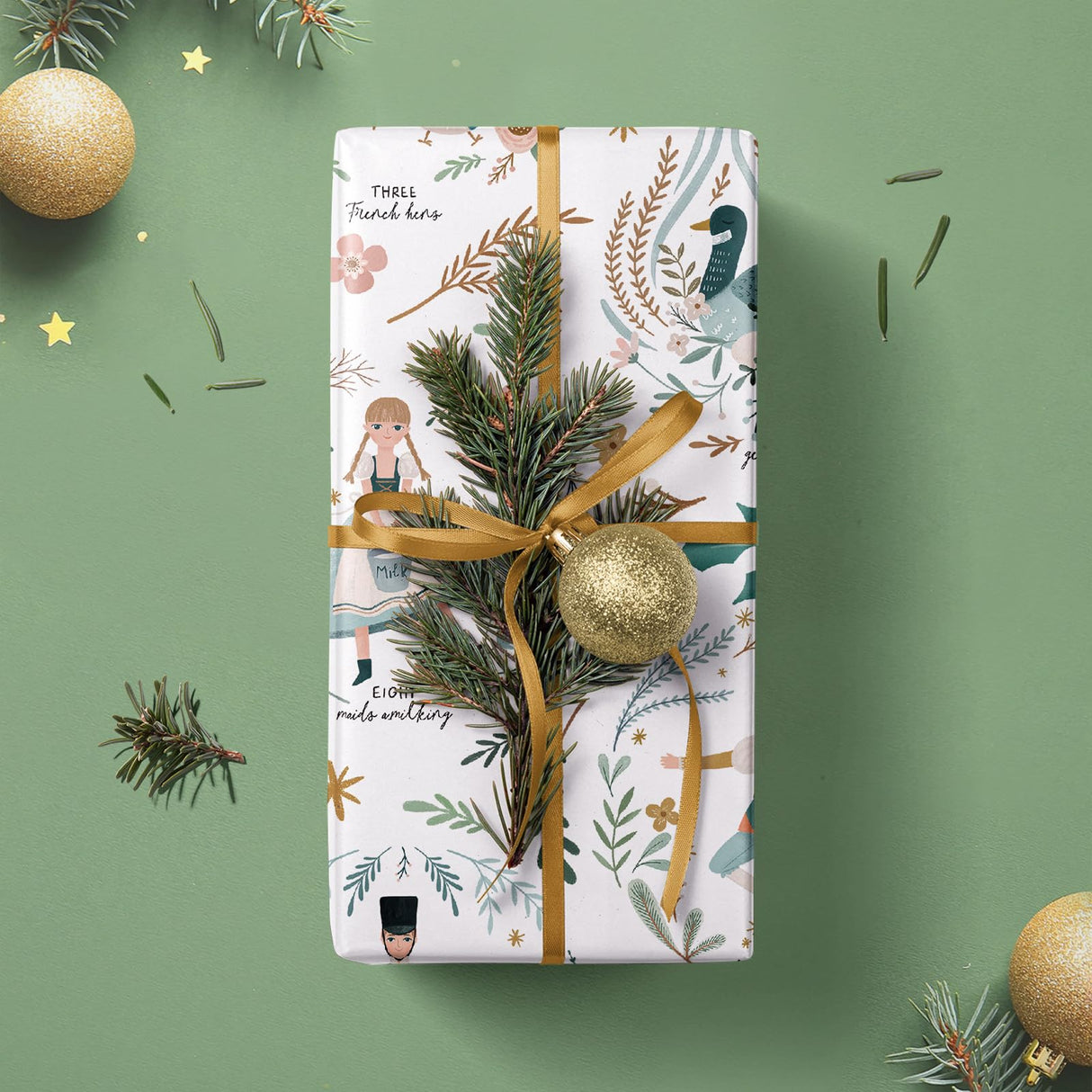 WRAPAHOLIC Kraft Christmas Wrapping Paper - Mini Roll - 17 Inch x 33 Feet - Cute Girl and Boy with Floral and Leaves Design for Christmas, Holiday, Party Celebration WRAPAHOLIC