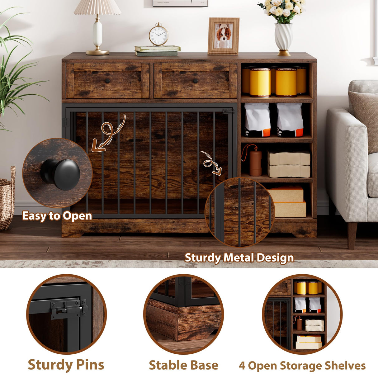 IDEALHOUSE 47” Large Dog Crate, Dog Kennel Indoor with 2 Drawers and 4 Shelves, Dog Crate Furniture TV Stand, Wooden Dog Cage for Medium Large Dogs, Brown IDEALHOUSE