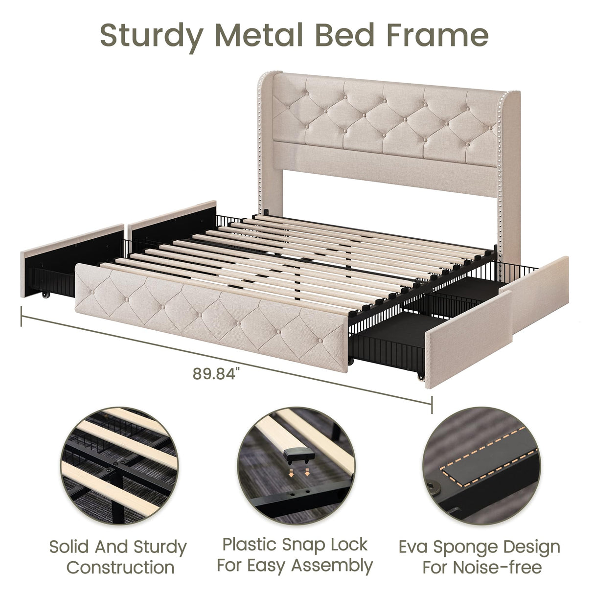 LARMACE Full Size Bed Frame with 4 Storage Drawers and Wingback Headboard Linen Upholstered Platform Bed Frame Tufted Beds with Wooden Slats Support, Easy Assembly, Beige LARMACE