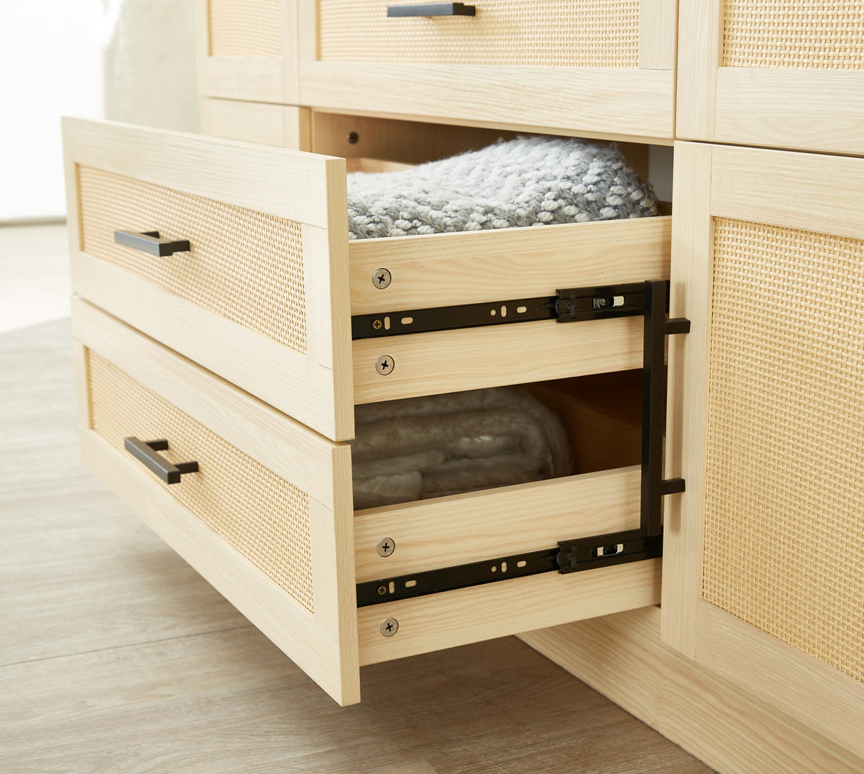 TrendTerrace Natural Rattan Armoire Wardrobe Closet Wood with 4 Doors 4 Drawers 2 Mirrors Hanging Rod and Shelves Large Clothes Storage Cabinet for Bedroom Pantry 62.99''W x 18.9''D x 70.86''H TrendTerrace