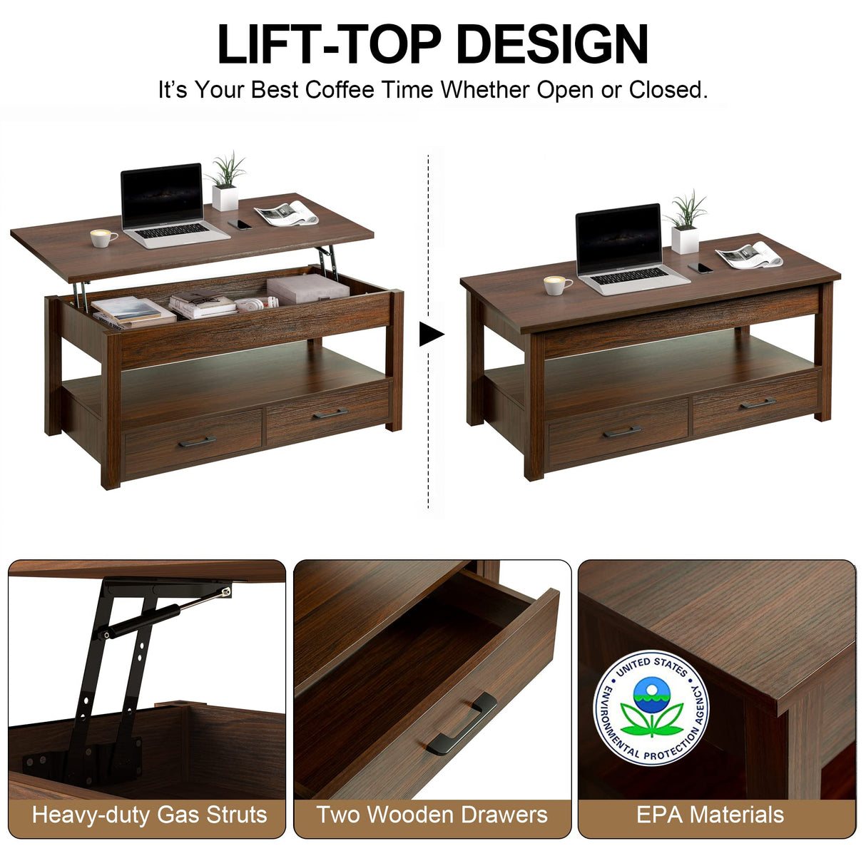FABATO 41.7'' Coffee Table, Lift Top Coffee Table with Storage Drawers and Hidden Compartment, Retro Central Table with Wooden Lift Tabletop for Living Room, Espresso FABATO