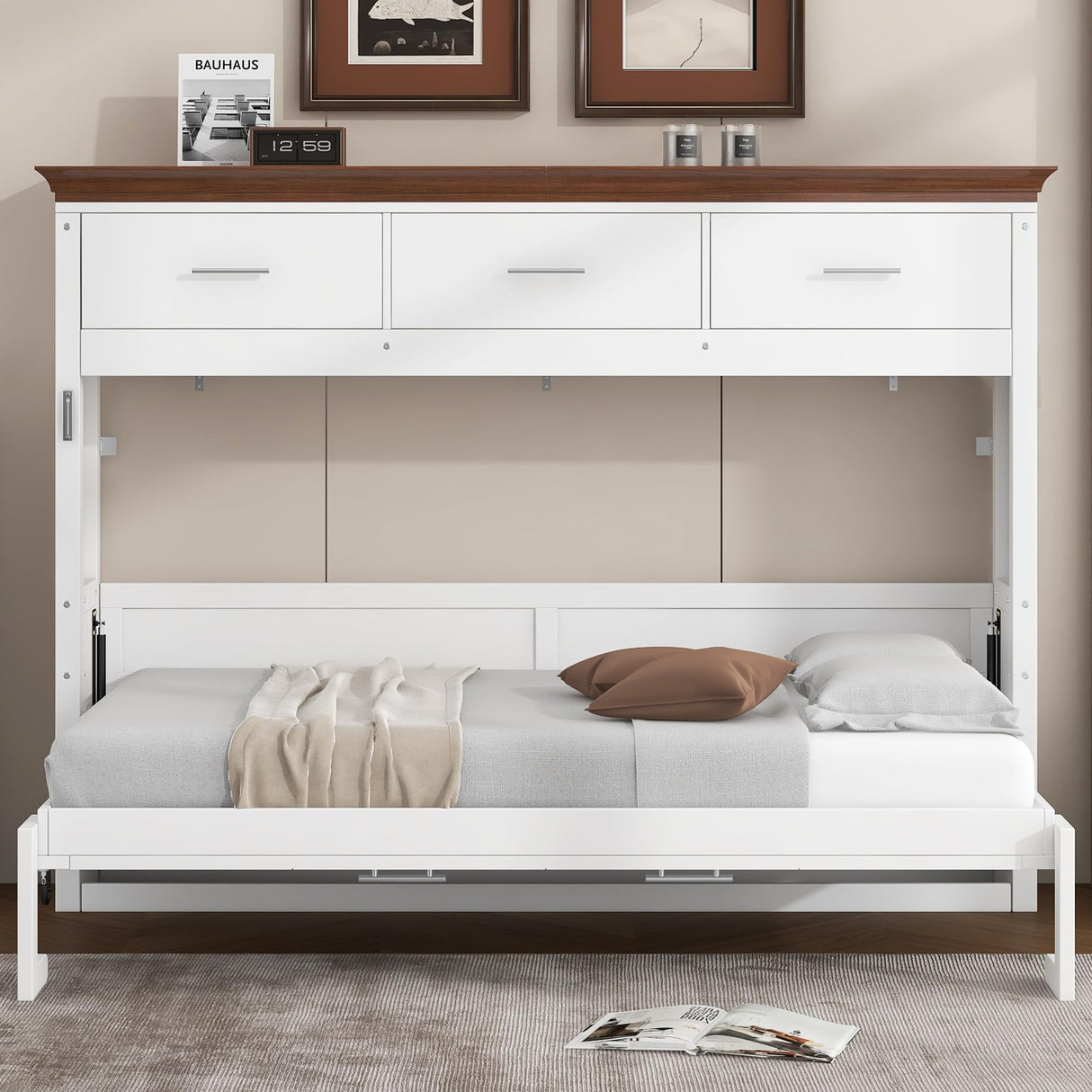 SOFTSEA Twin Size Horizontal Murphy Bed with Storage Drawers, Foldable Wall Bed with Walnut Top, Twin Hideaway Cabinet Bed Space-Saving for Guest Room Bedroom Office, White SOFTSEA
