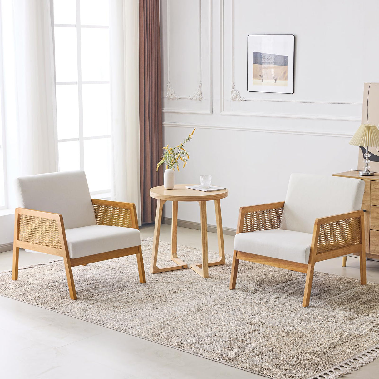 Linen Fabric Accent Chair for Living Room Set of 2, Rattan Webbing Reading Chair with Sturdy Wood Frame, Upholstered Lounge Armchairs for Bedroom, Indoor & Outdoor, Patio Furniture, Beige Furniliving