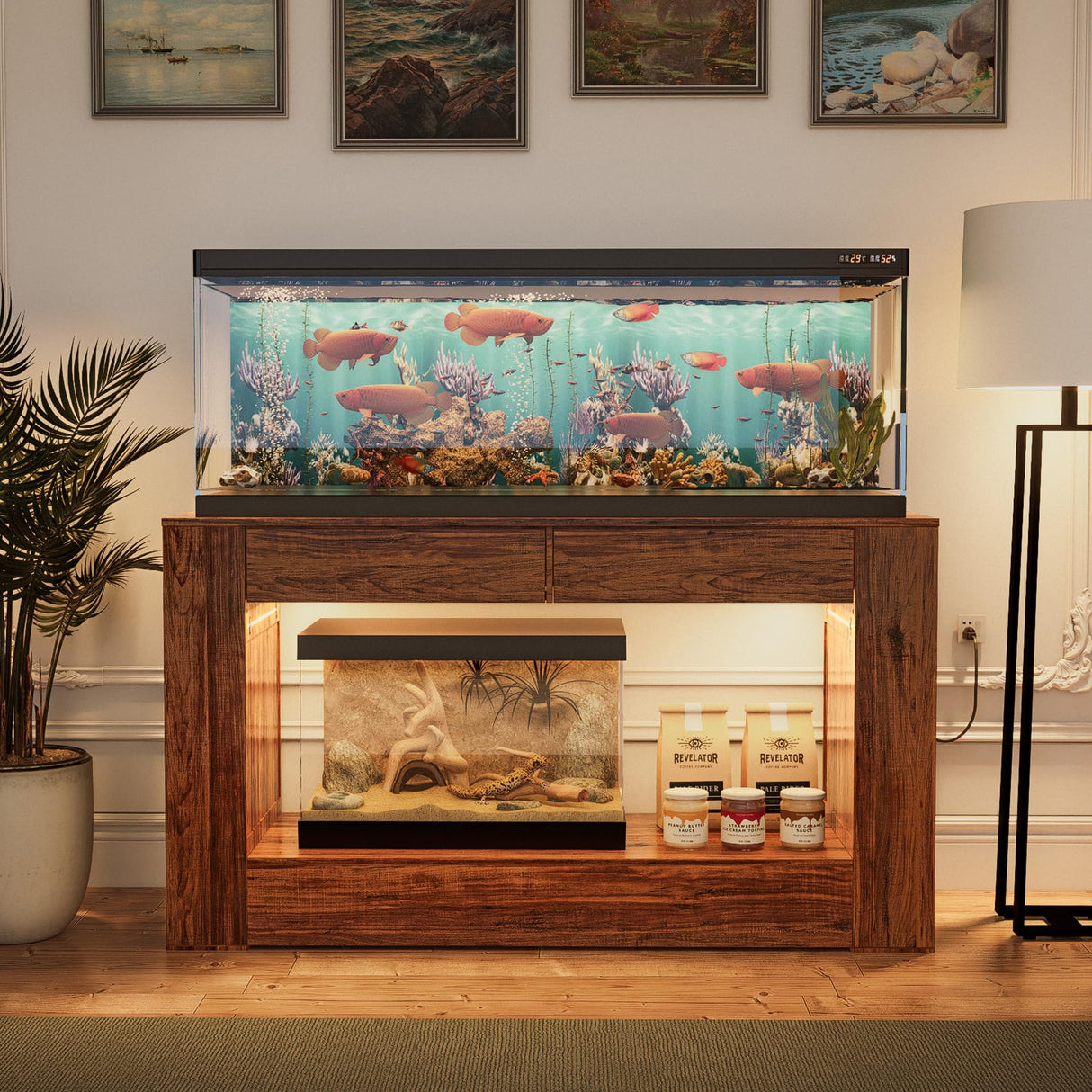 FUXJUM 55-75 Gallon Fish Tank Stand with Power Outlets & LED Light and Drawers,1000LBS Capacity,Aquarium Stand with 55.1" L*18.5" W Tabletop Suitable for Turtle Tank, Reptile Terrarium FUXJUM