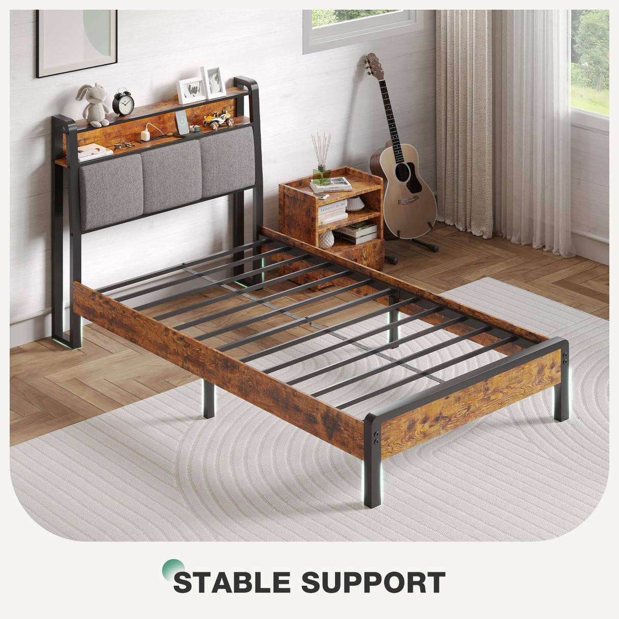 Novilla Twin Bed Frames for Kids with Charging Station and LED Lights, Upholstered Headboard with Storage Shelves, Heavy Duty Metal Slats, No Box Spring Needed, Easy Assembly Novilla