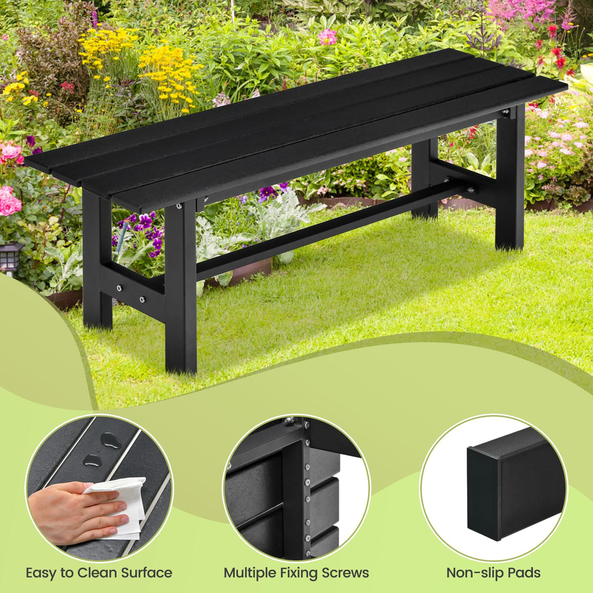 Tangkula 47” Black Outdoor Garden Bench for 2 - Sturdy Patio Seating with HDPE Slatted Seat & Metal Frame Tangkula