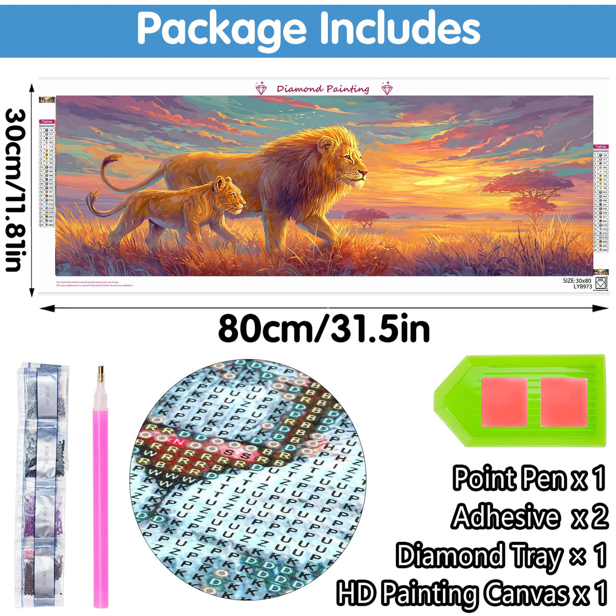 Reofrey Large Diamond Art Kits for Adults Lion, 30x80cm/12x31.5inch Full Drill Round Rhinestone Big Diamond Painting Kit Animals, Cross Stitch Embroidery Canvas for Crafts Home Wall Decor Reofrey