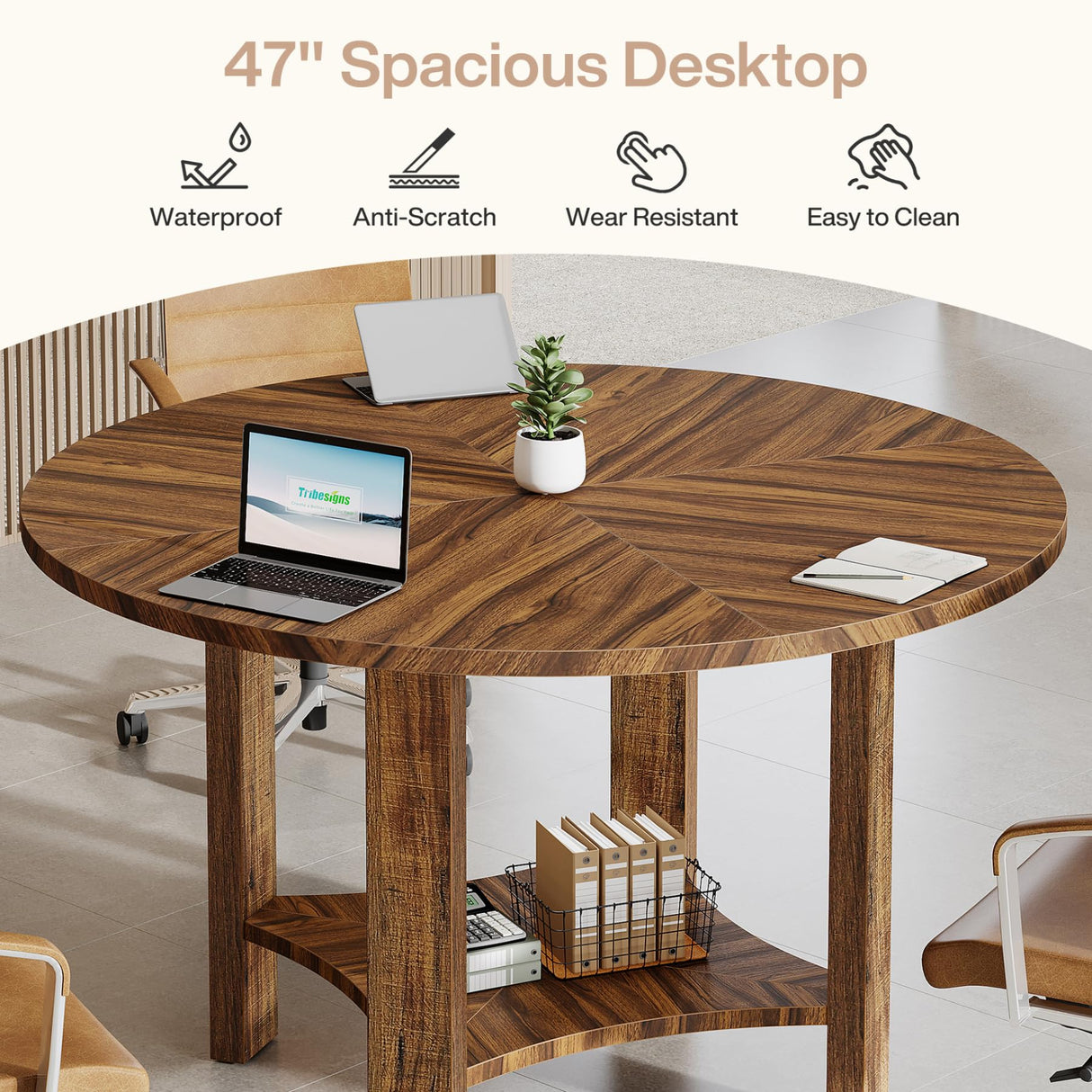 Tribesigns 4FT Round Conference Table for 4, 47-Inch Office Meeting Table with Storage Shelf and Large Tabletop, Mid-Century Modern Seminar Boardroom Desk for Office Conference Room, Walnut Tribesigns