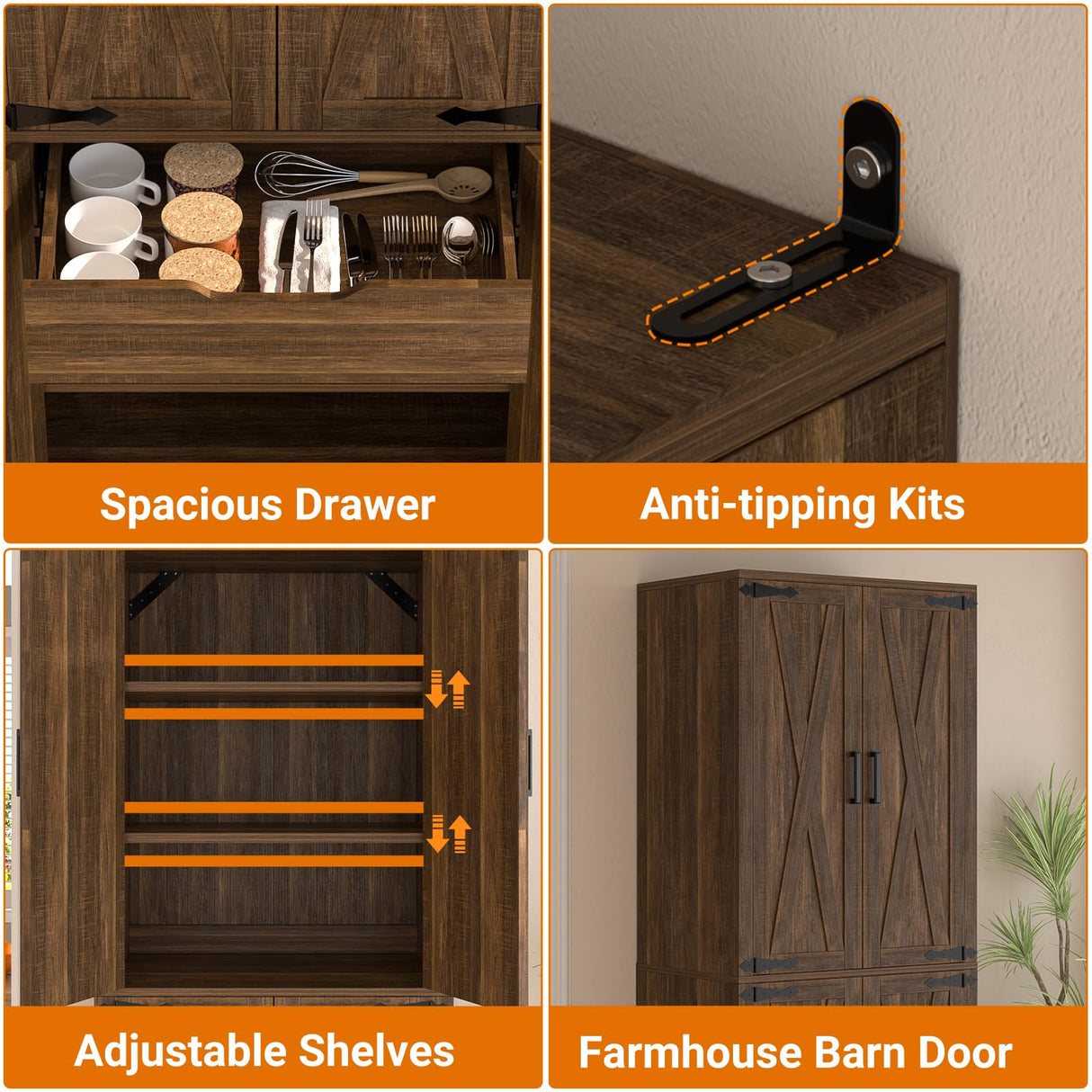 Unikito 71" Farmhouse Kitchen Pantry Storage Cabinet with Barn Doors, Adjustable Shelves & Drawer Organizer, Versatile Tall Storage Cupboard for Dining Room, Bathroom, Utility Room, Weathered Brown Unikito