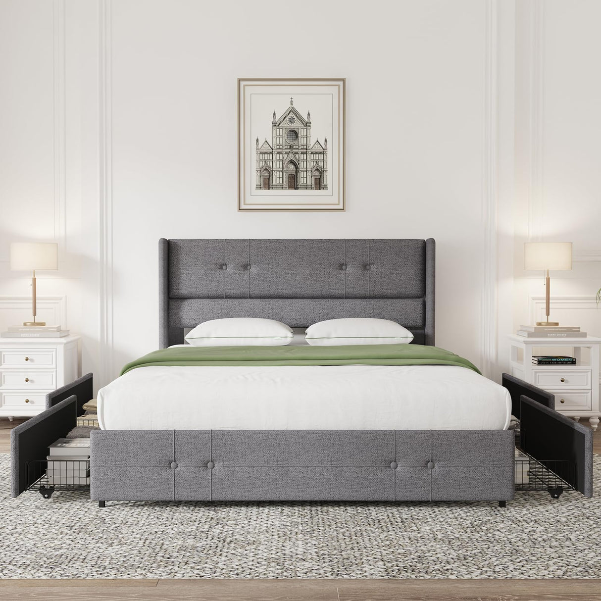 Novilla Upholstered King Size Bed Frame Platform with 4 Storage Drawers and Fabric Headboard, Non-Slip and Noise-Free King Bed Frame, Strong Wooden Slats, No Box Spring Needed, Grey Novilla