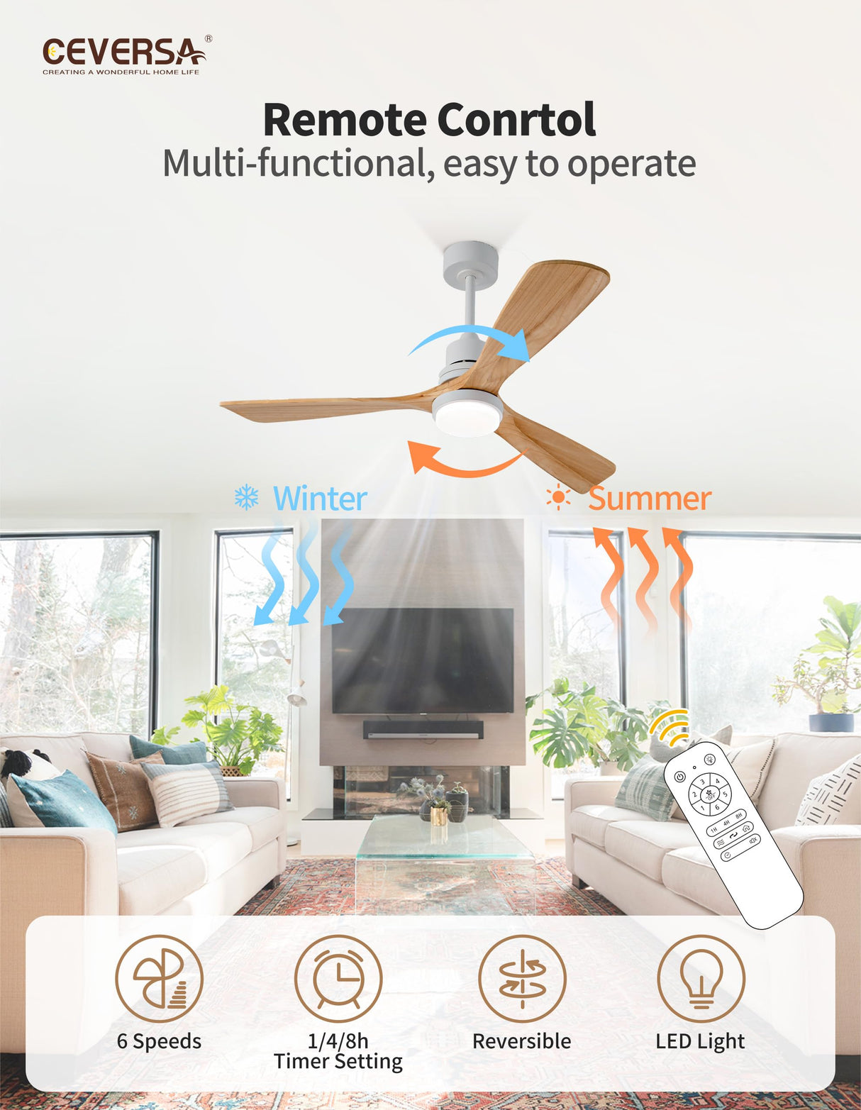 Ceversa 52 Inch Solid Wood Ceiling Fan with Light and Remote Control,3 Blades Natural Wood Modern Ceiling Fan Craftmade Noiseless Quiet for Living Room Bedroom Farmhouse Indoor Outdoor Ceversa