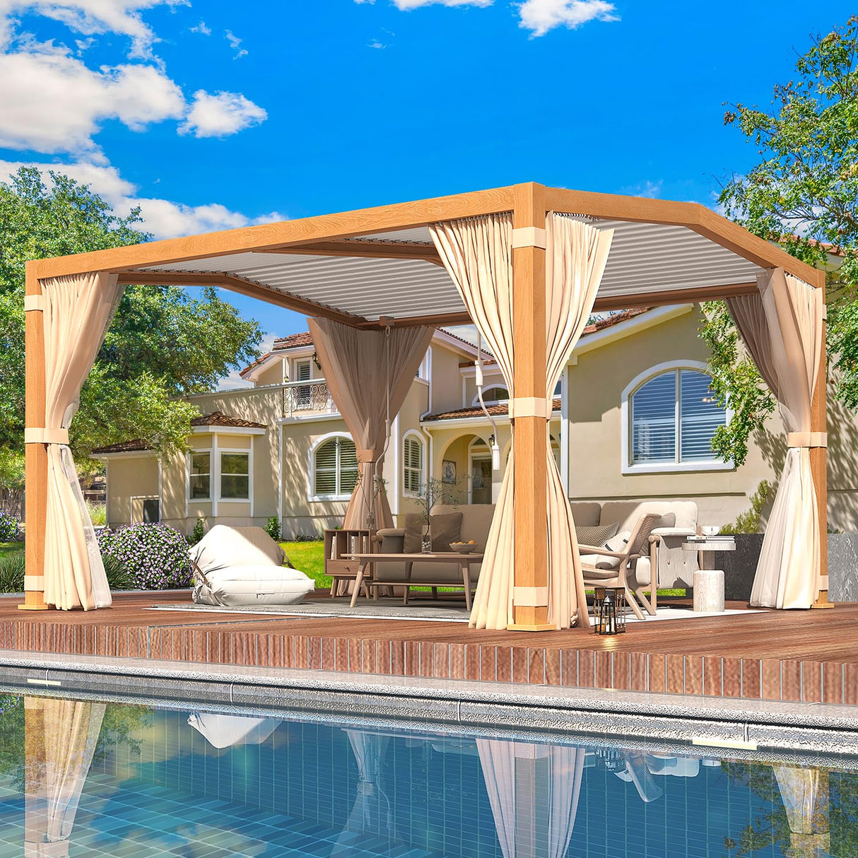 YOLENY Louvered Pergola 11x13, All Aluminum Pergola with Adjustable Rainproof Pitched Roof, Outdoor Pergola with Waterproof Curtains and Nets, Woodgrain YOLENY