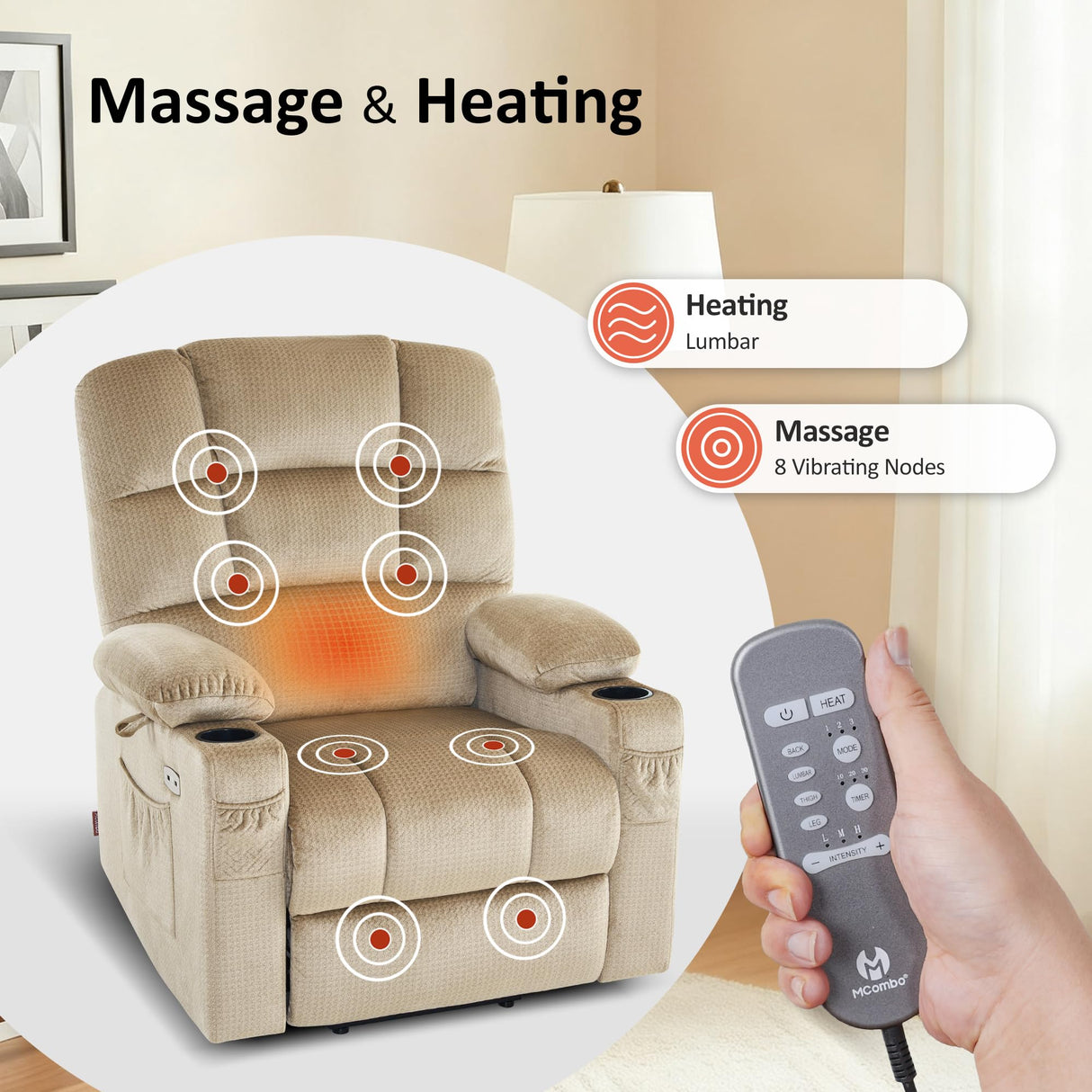 MCombo Dual Motor Power Lift Recliner Chair with Massage and Heat for Elderly People, Infinite Position, USB Ports, Cup Holders, Fabric 7679 (Medium, Beige) MCombo
