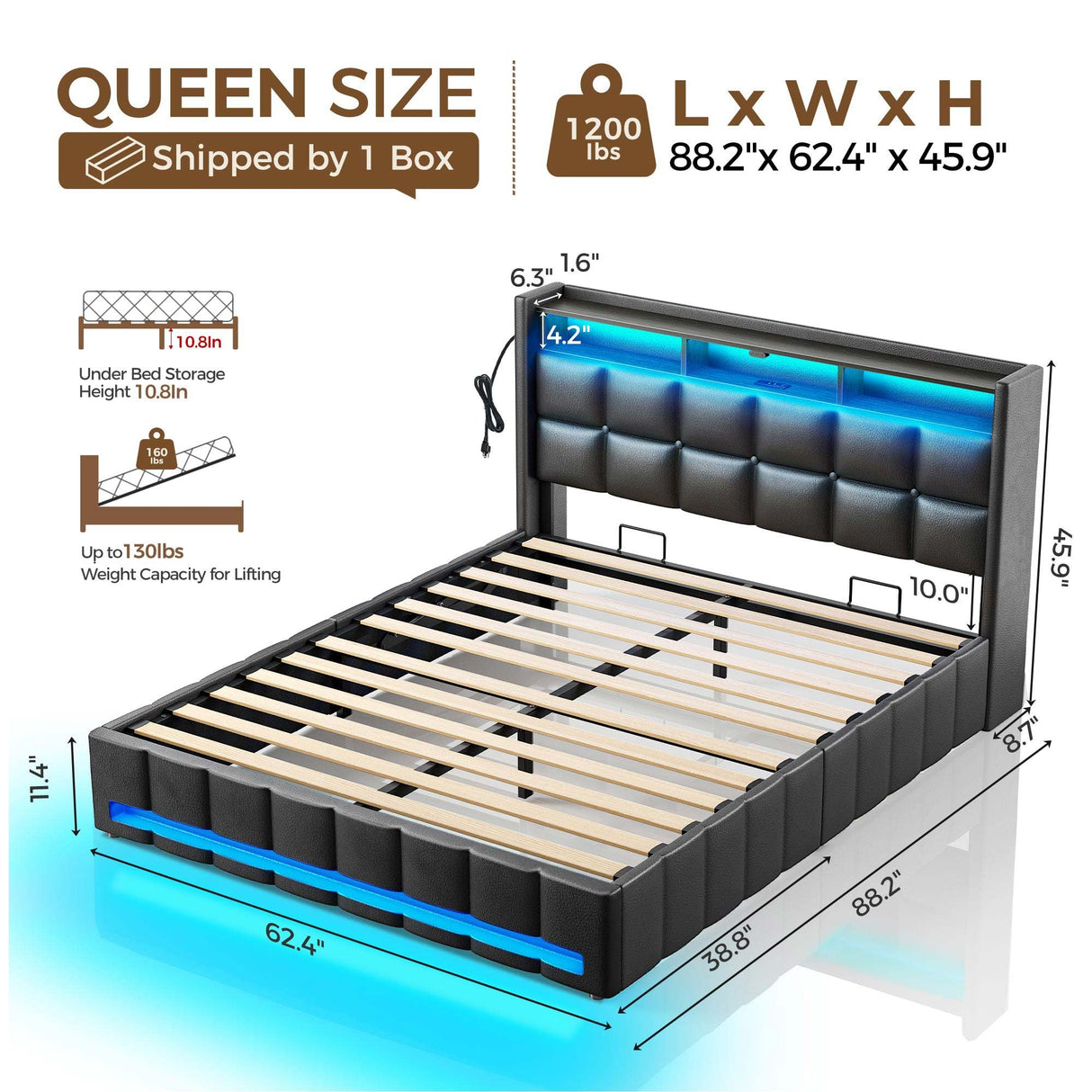 Rolanstar Bed Frame Queen Size with Lift Up Storage, Charging Station & LED Lights, Upholstered Storage Headboard, Heavy Duty Wooden Slats, No Box Spring Needed, Noise Free, Easy Assembly, Black Rolanstar