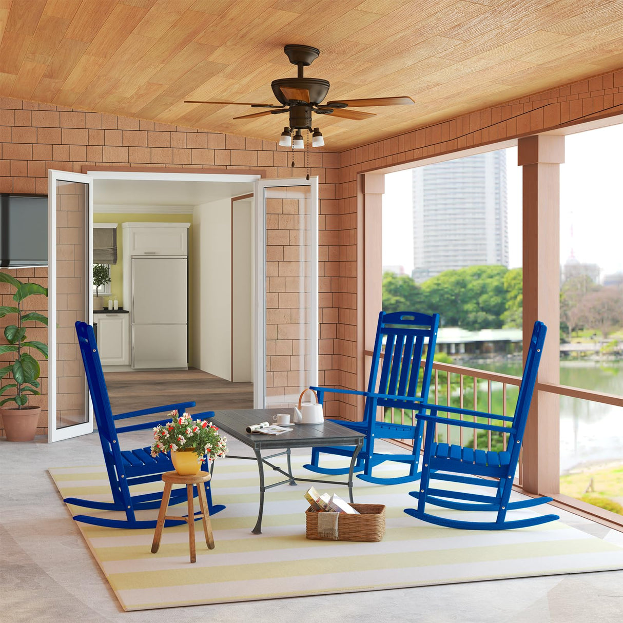 POLYDUN Outdoor Rocking Chair, Looks Like Wood, High Back Poly Lumber Patio Rocker Chair, 365Lbs Support, All-Weather Porch Rocking Chair for Lawn, Backyard, Indoor, Garden, Navy POLYDUN