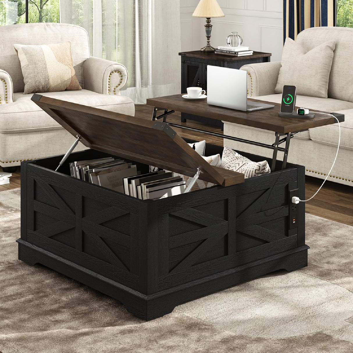 Hlivelood 36" Farmhouse Movable Lift Top Coffee Table with Storage and Power Outlets, Square Wood Living Room Tables with Wheels&Large Hidden Space, Lift Wooden Barn Door Center Table, Black Hlivelood