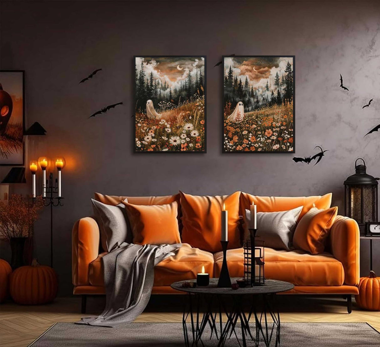 Halloween Whimsical Ghost Paint by Number Kit, 12x16inch Floral Meadow & Forest Moonlit Scenes DIY Painting for Adults and Kids, Halloween Autumn Art Craft Supplies Frameless Generic