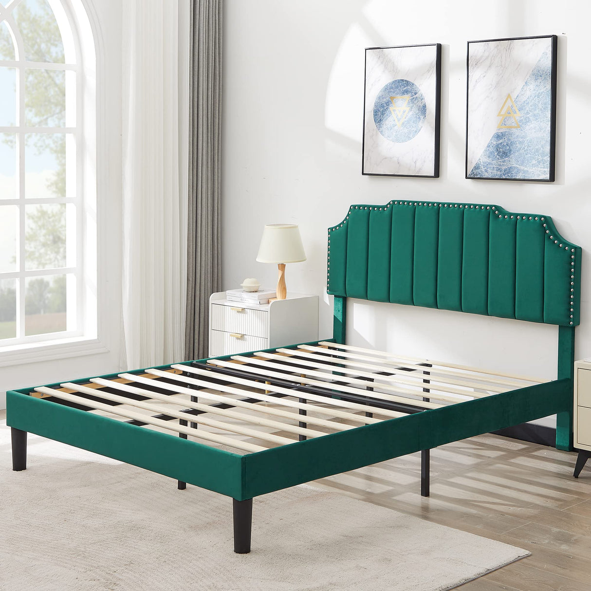 VECELO Full Size Upholstered Platform Bed Frame with Tufted Adjustable Headboard/Mattress Foundation/Wood Slat Support,Easy Assembly,Dark Green VECELO