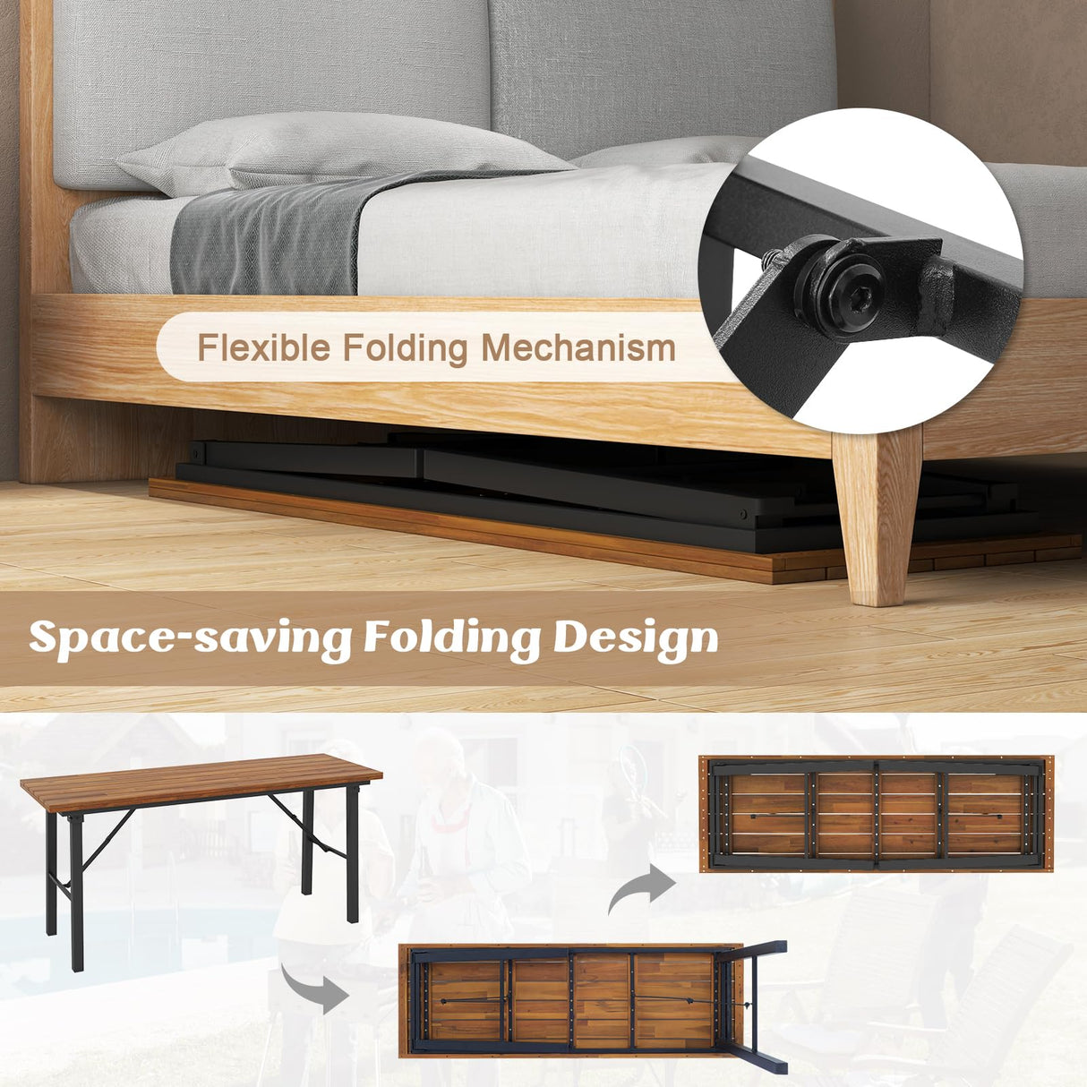 Tangkula Outdoor Dining Table for 4-6, No Assembly Foldable 59 Inches Narrow Patio Dining Table with Acacia Wood Top & Heavy Duty Metal Frame, for Yard, Garden, Poolside or Indoor (Natural) Tangkula