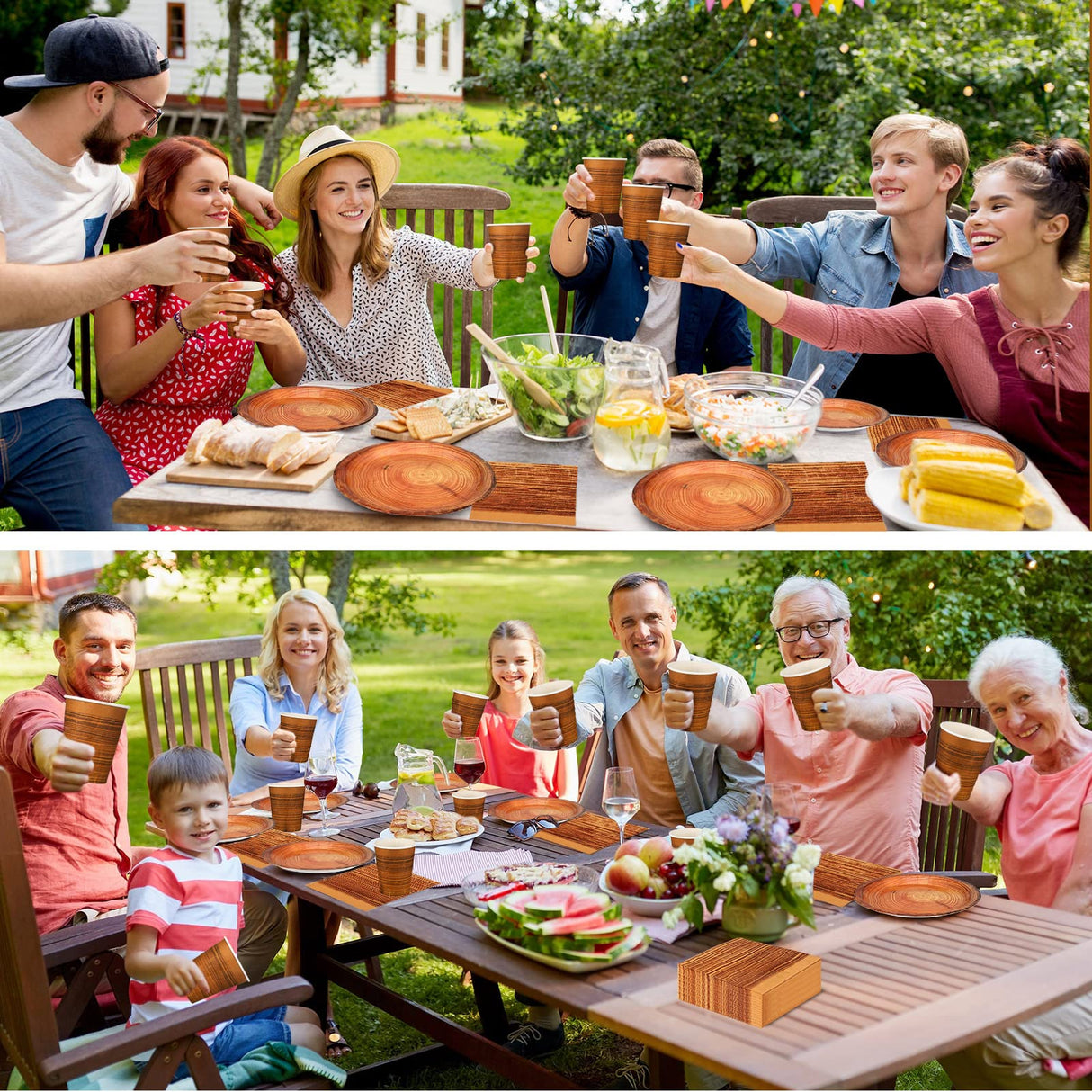 Skylety 200 Pcs Rustic Wood Grain Paper Plates Camping Party Tableware Set Disposable Fall Plate Cup Napkin Hunting Birthday Party Decorations Woodland Party Dinnerware Serve 50 Guests Skylety