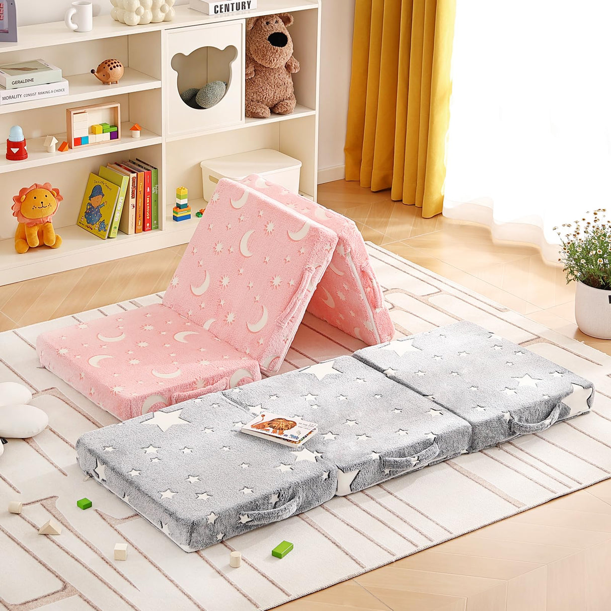 Givjoy Foldable Floor Mattress for Kids, Glow in The Dark Toddler Washable Tri Folding Floor Nap Mat for Sleeping Daycare, Child Trifold Futon Sofa Bed with Storage Bag for Girls and Boys Givjoy