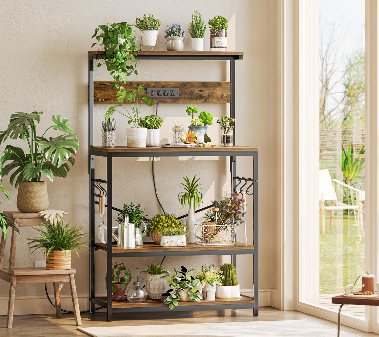 SUPERJARE Bakers Rack with Power Outlets, Microwave Stand, 31.5 X 16.5 Inch Larger Desktop, Kitchen Storage Rack with Adjustable Middle Shelf, 6 S-Shaped Hooks, Coffee Bar Stand, Rustic Brown SUPERJARE