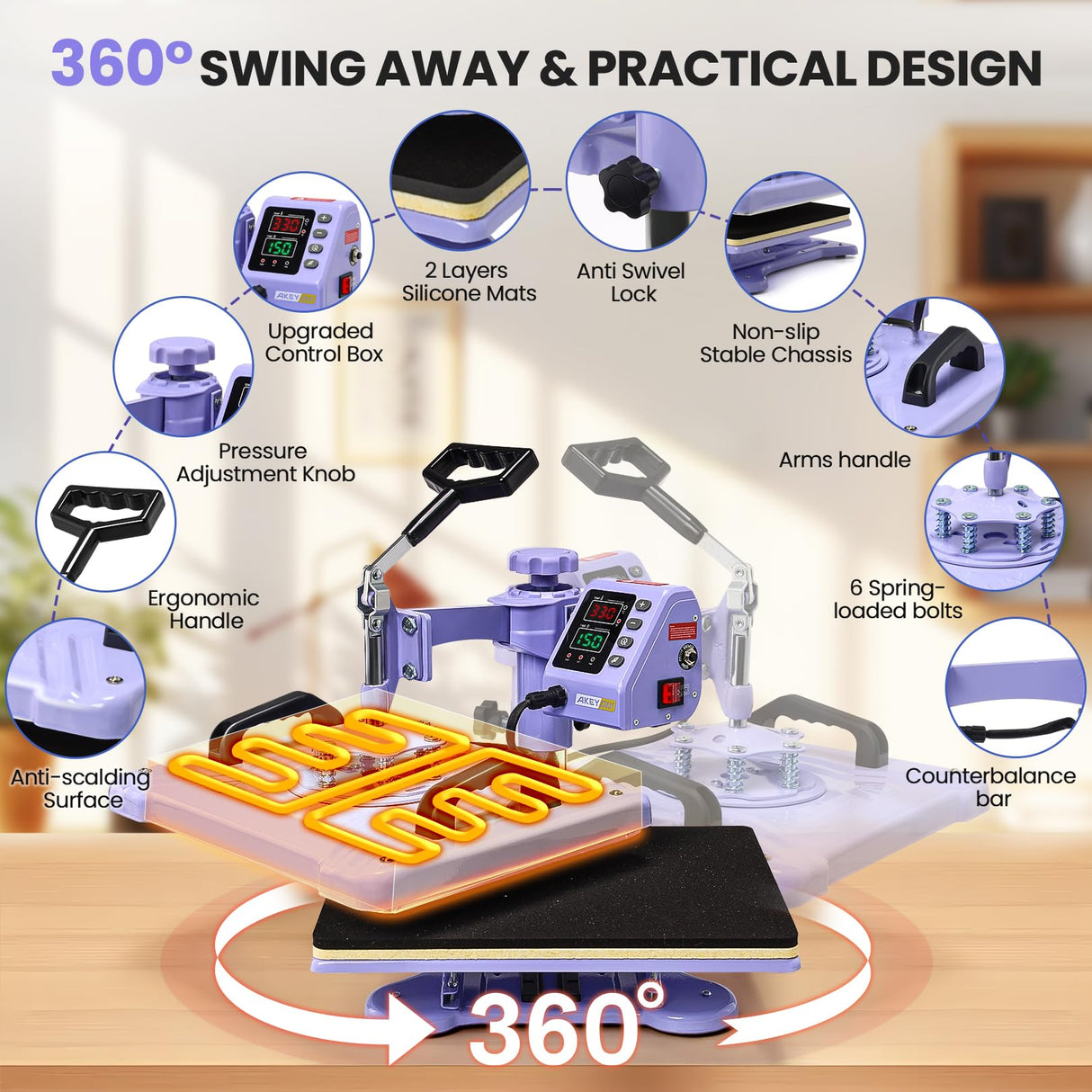 AKEYDIY Heat Press 15x12 Inch, 5 in 1 Heat Press Machine for T-Shirts Hat Cap Mug Plate, 360° Swing Away Shirt Pressing Machine, Sublimation Heat Transfer Machine with Tumbler Press Hat Press, Purple AKEYDIY