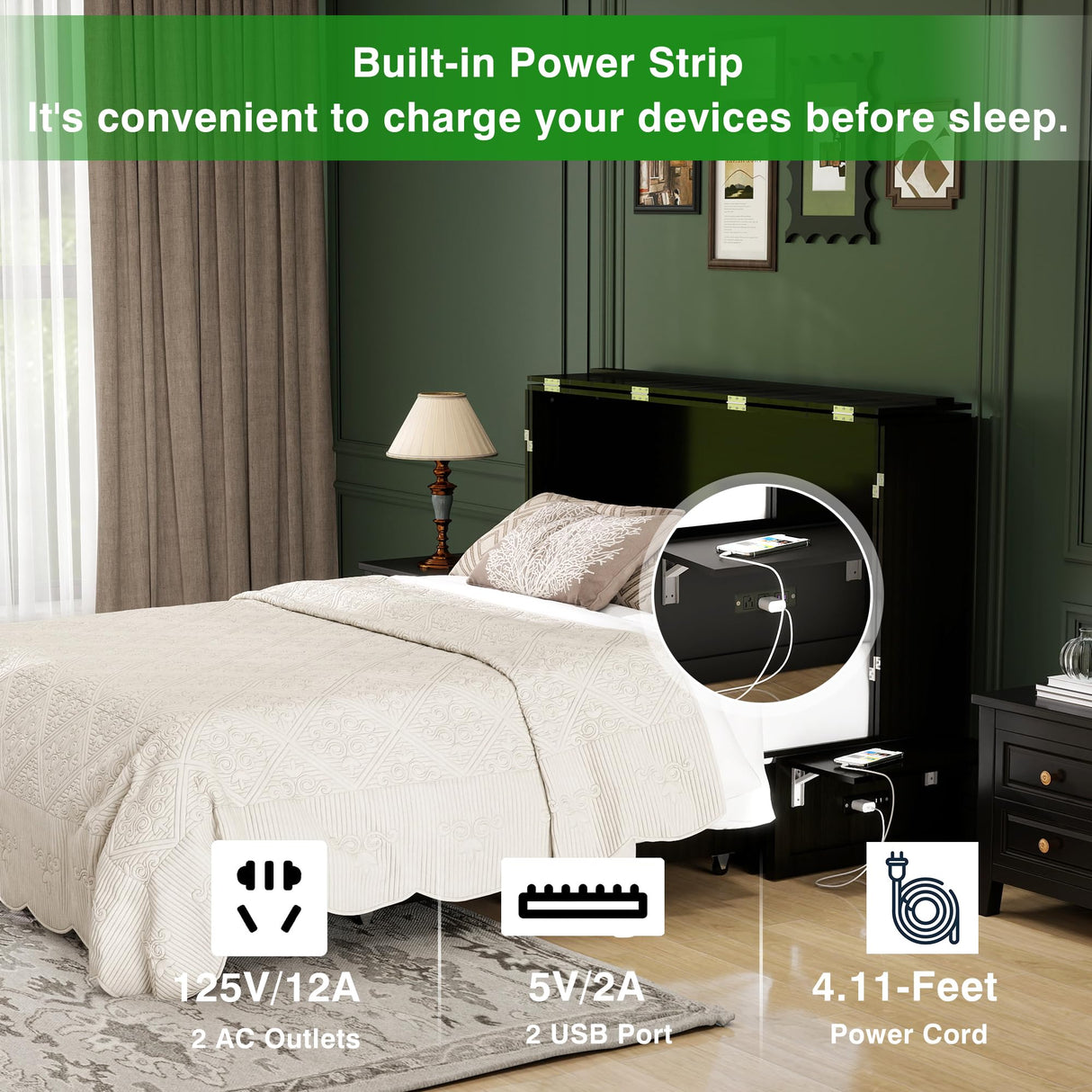 Keloyid Queen Murphy Bed Cabinet: Wood Murphy Cabinet Bed with USB Charging Station and Large Storage Drawer for Home Office or Small Room (Mattress No Included) Black-13 Keloyid