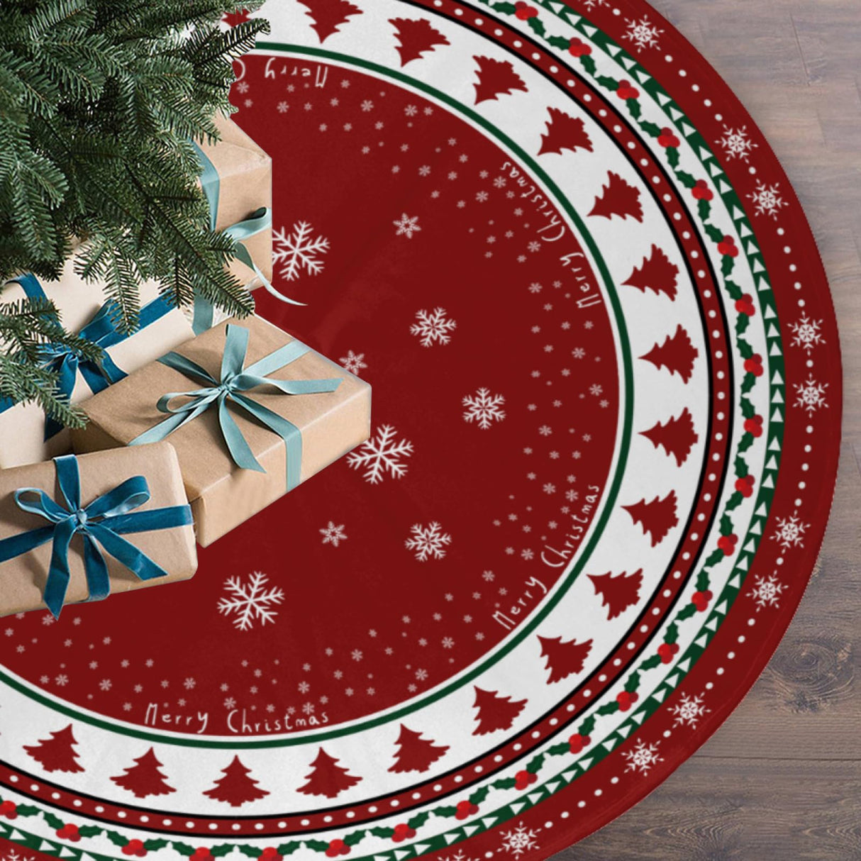 Christmas Tree Skirt 48 Inches, Red and Green Xmas Tree Mat with Winter Snowflake for Christmas Decorations Holiday Party Indoor Outdoor Home Decor (Red and Green) BULINGLY