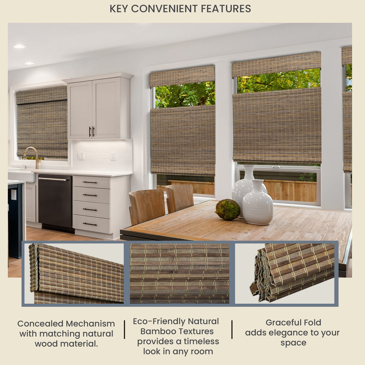 CHICOLOGY Top Down Bottom Up Cordless Bamboo Blinds, Bamboo Blinds, Roman Window Shade, Window Shade Roman, Patio Blinds and Shades, Porch Shades Outdoor Roll Up, Smokey Ash, 34" W X 64" H CHICOLOGY